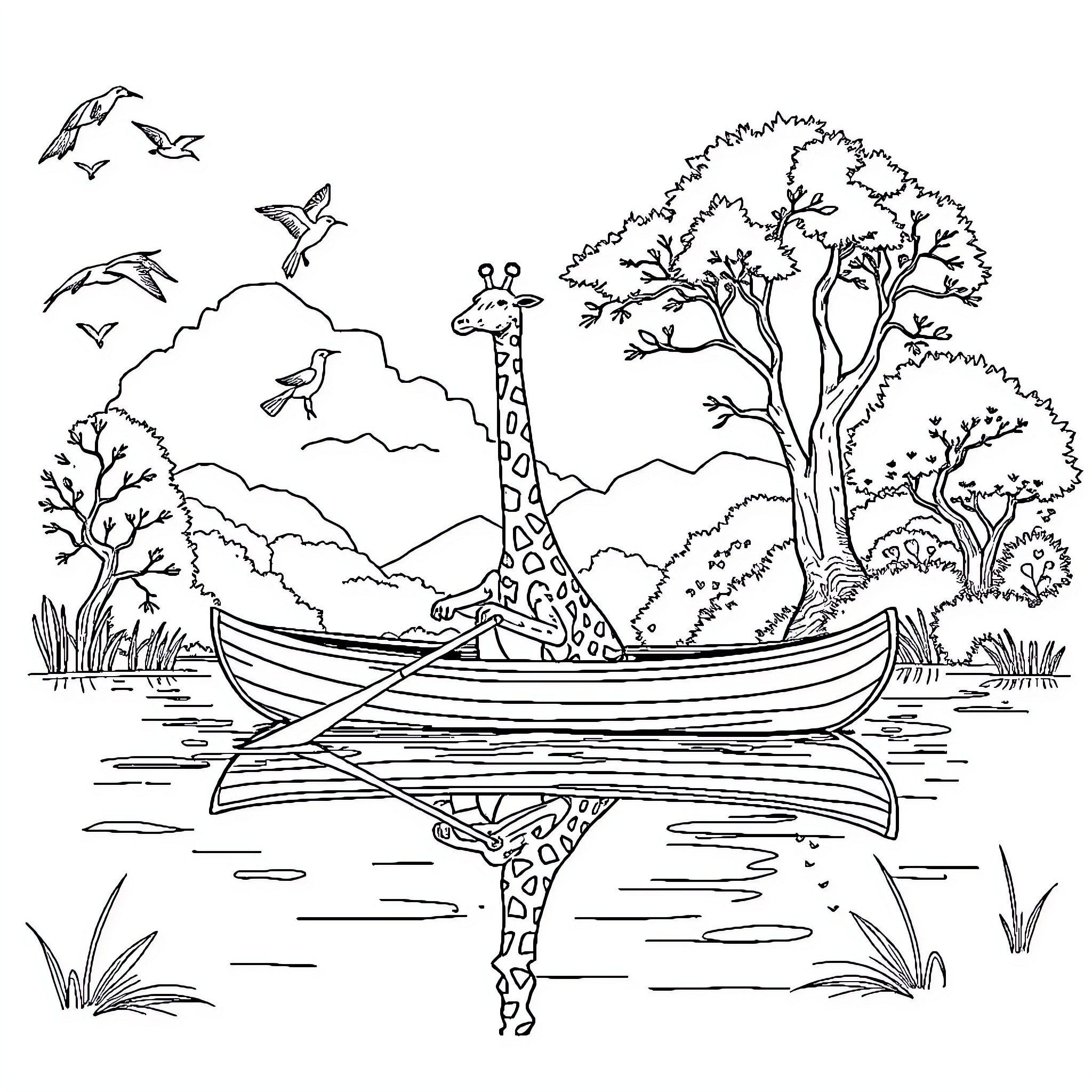 Sophie's Serene Safari Voyage on the River Coloring Page (free black-and-white line drawing printable PDF for all, from beginners to advanced learners, including children, teens, adults, and seniors)