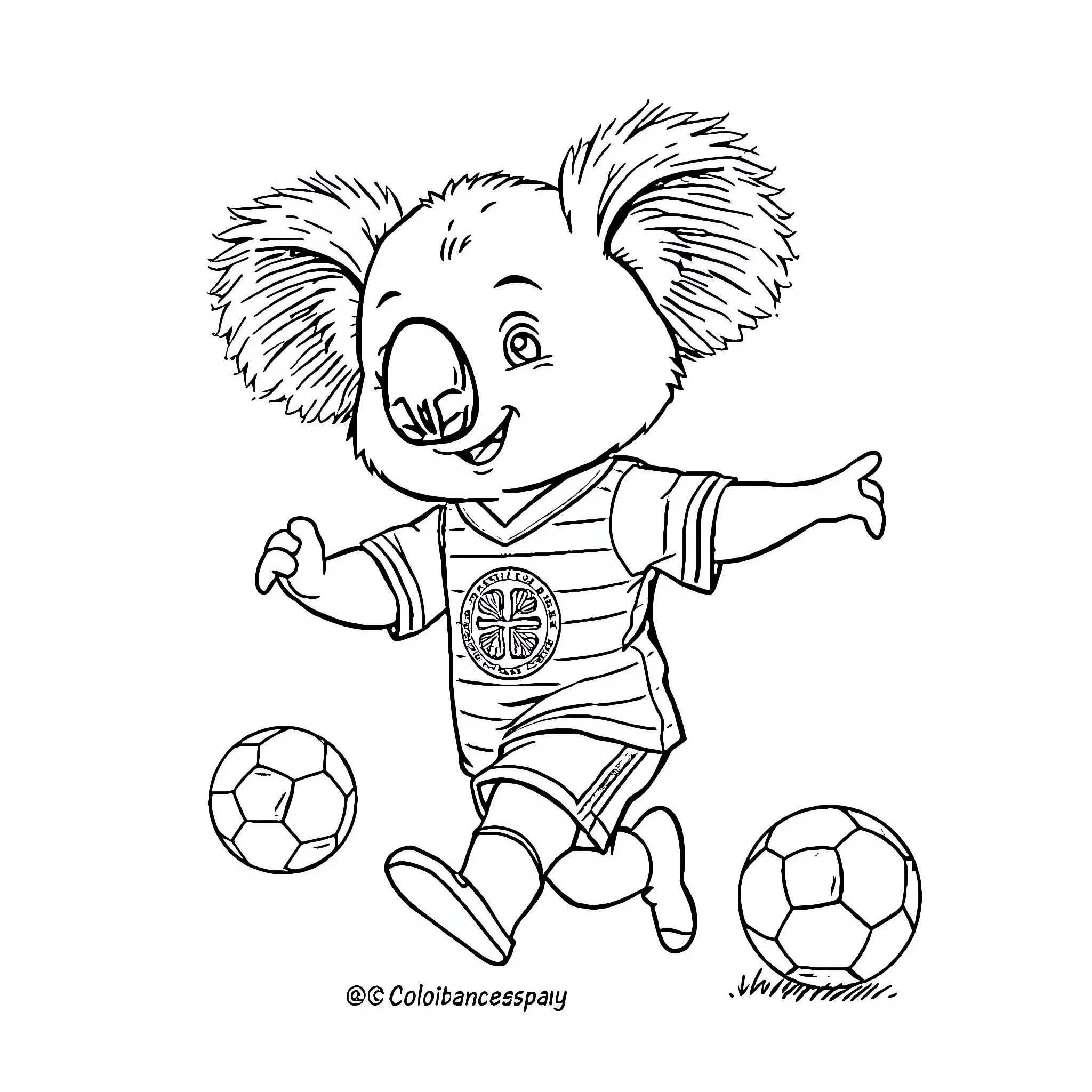 Koala playing with soccer balls Coloring Page (free black-and-white line drawing printable PDF for all, from beginners to advanced learners, including children, teens, adults, and seniors)