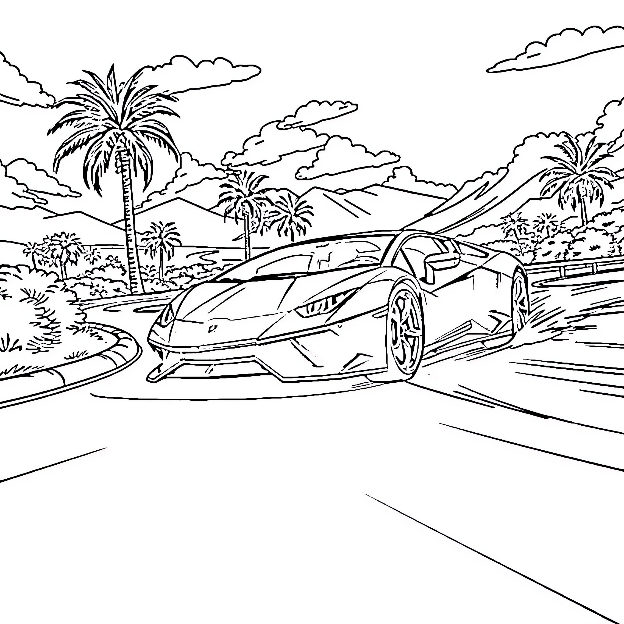 Lamborghini speeding through tropical landscape Coloring Page (free black-and-white line drawing printable PDF for all, from beginners to advanced learners, including children, teens, adults, and seniors)