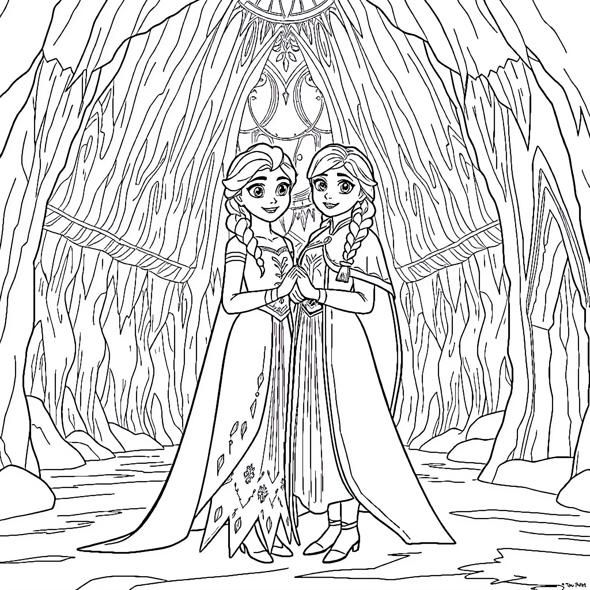 Elsa and Anna in a magical winter wonderland Coloring Page (free black-and-white line drawing printable PDF for all, from beginners to advanced learners, including children, teens, adults, and seniors)