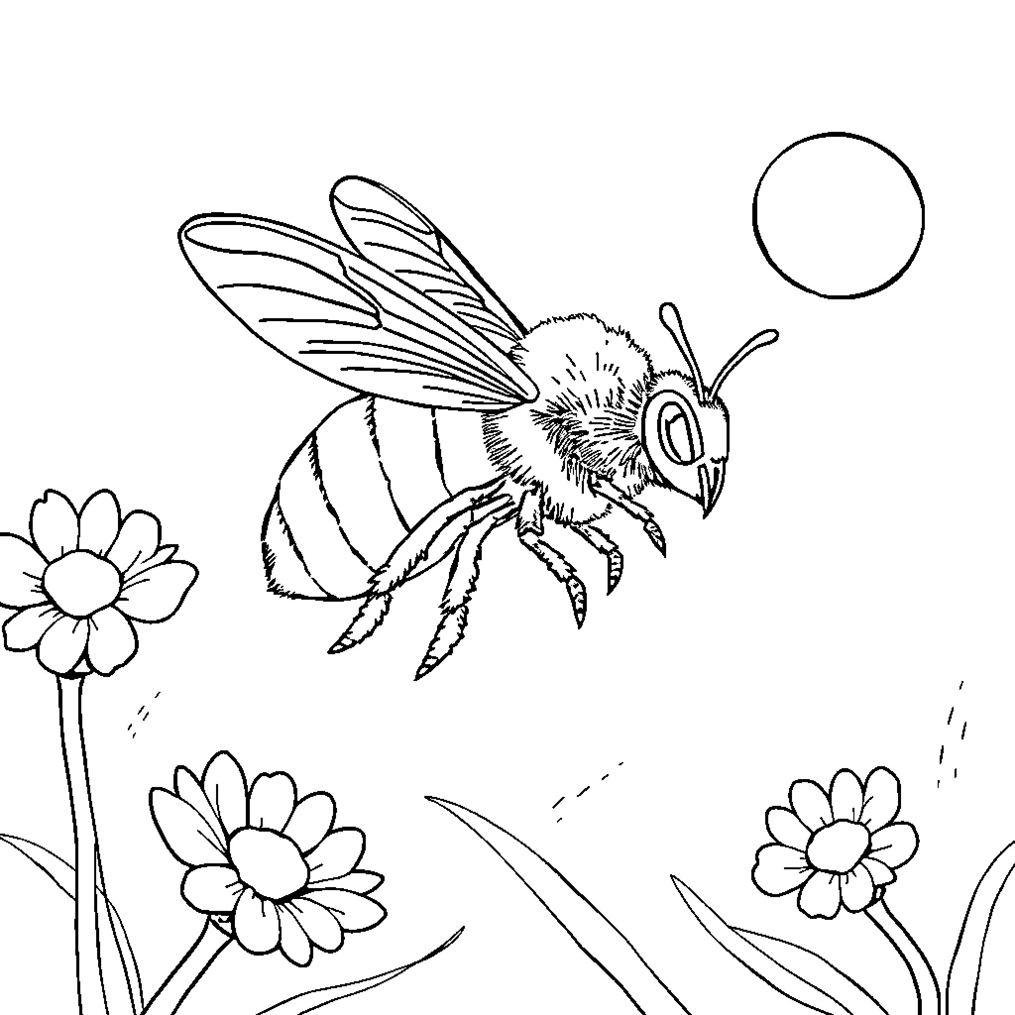 Bee flying among flowers in nature Coloring Page (free black-and-white line drawing printable PDF for all, from beginners to advanced learners, including children, teens, adults, and seniors)