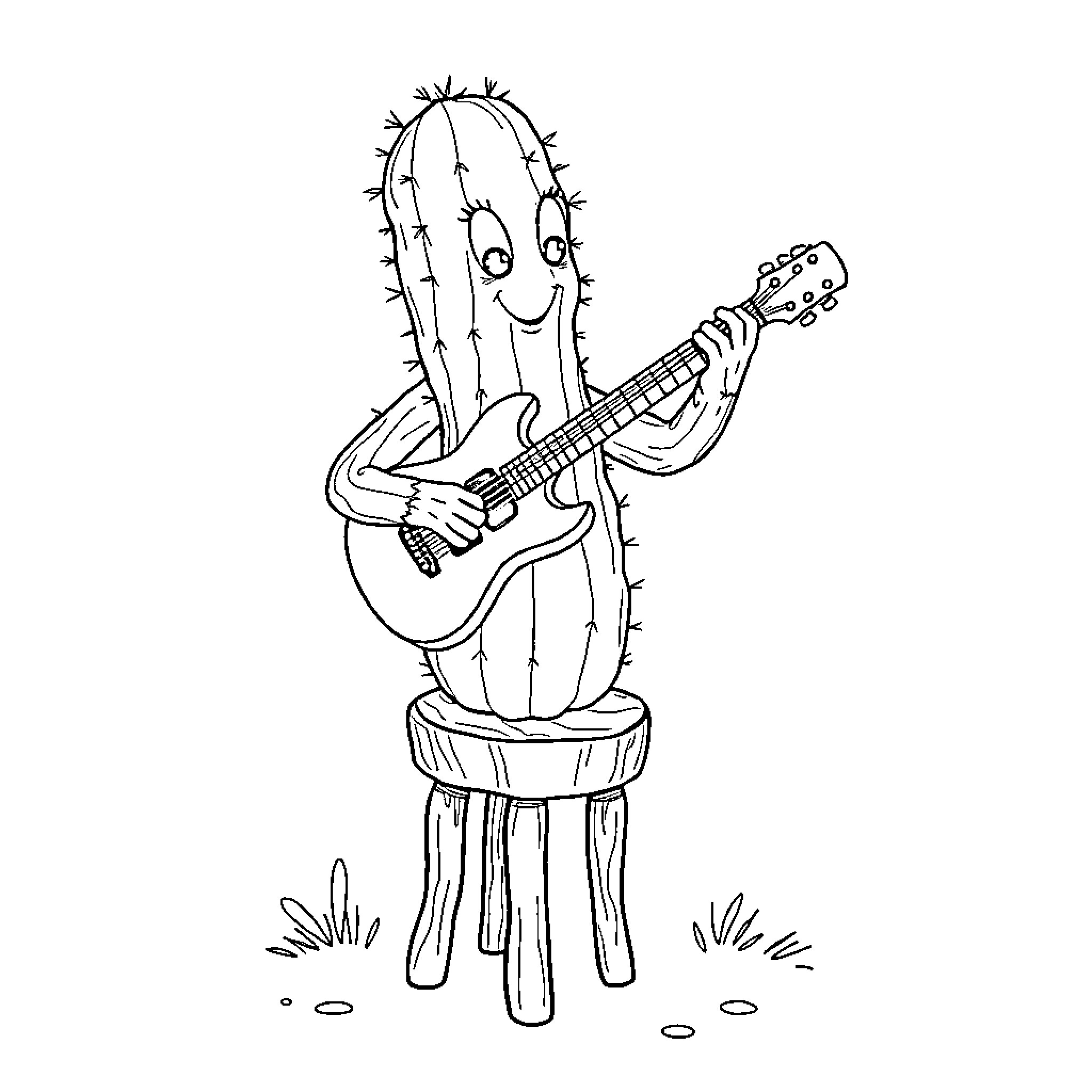 Cactus playing guitar on a stool Coloring Page (free black-and-white line drawing printable PDF for all, from beginners to advanced learners, including children, teens, adults, and seniors)