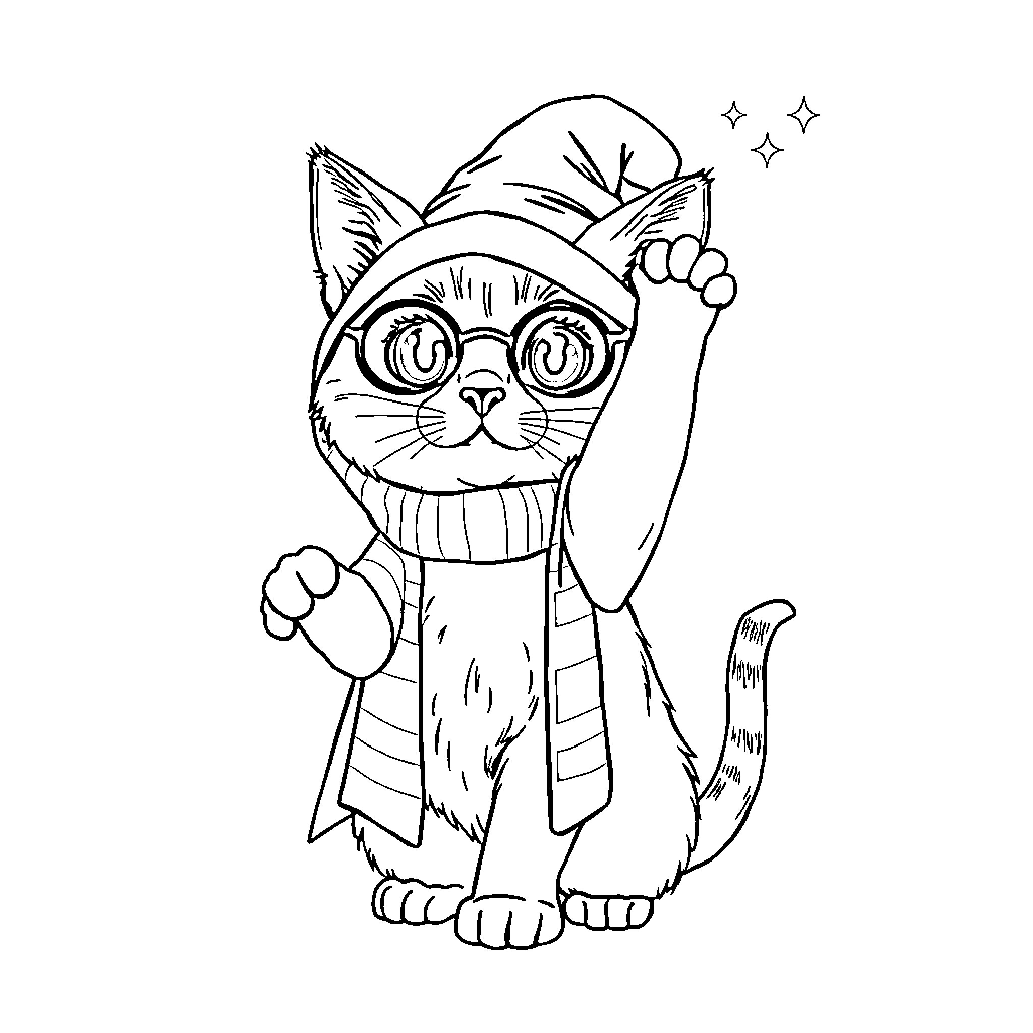 Gato wearing magical outfit and accessories Coloring Page (free black-and-white line drawing printable PDF for all, from beginners to advanced learners, including children, teens, adults, and seniors)