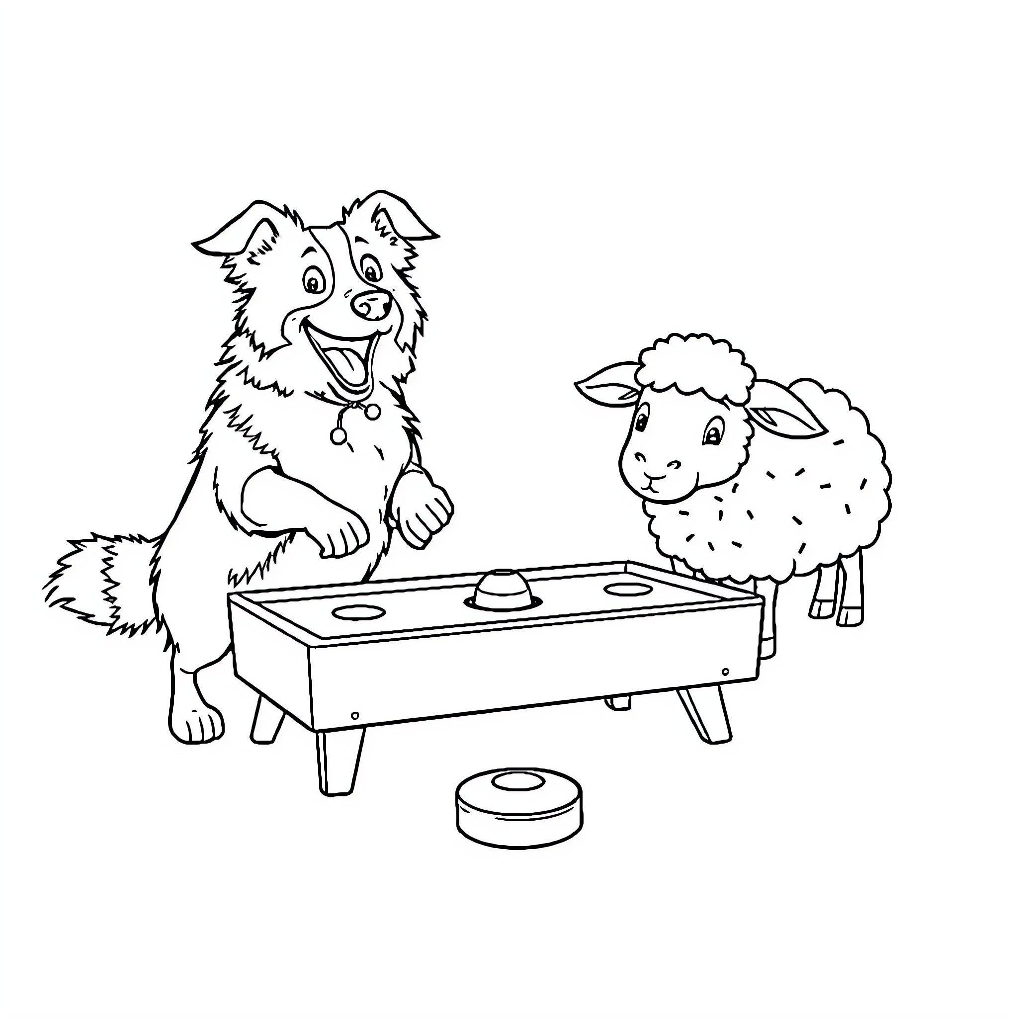 Border Collie and Sheep Playing Air Hockey Coloring Page (free black-and-white line drawing printable PDF for all, from beginners to advanced learners, including children, teens, adults, and seniors)