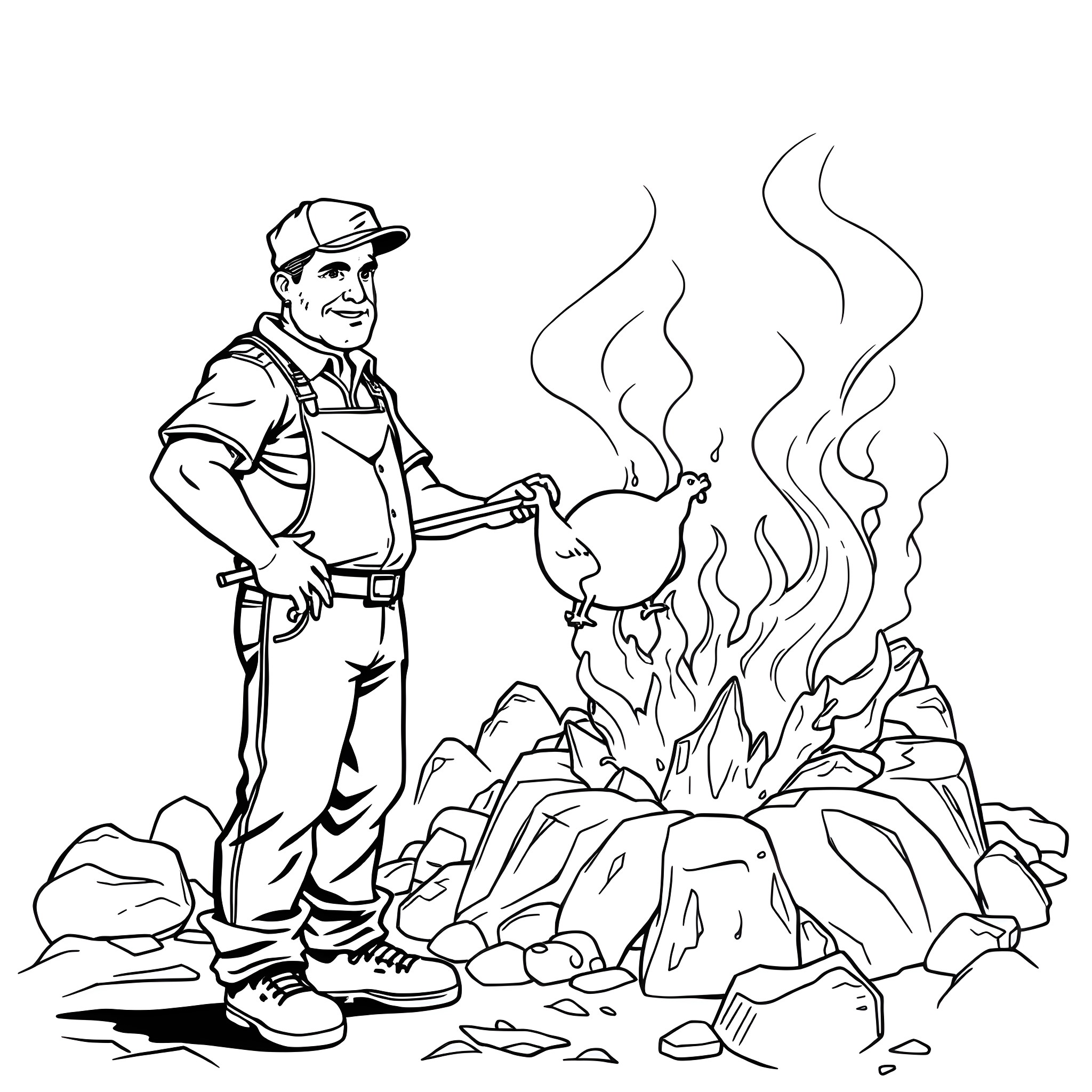 Chicken roasting marshmallows by the campfire Coloring Page (free black-and-white line drawing printable PDF for all, from beginners to advanced learners, including children, teens, adults, and seniors)