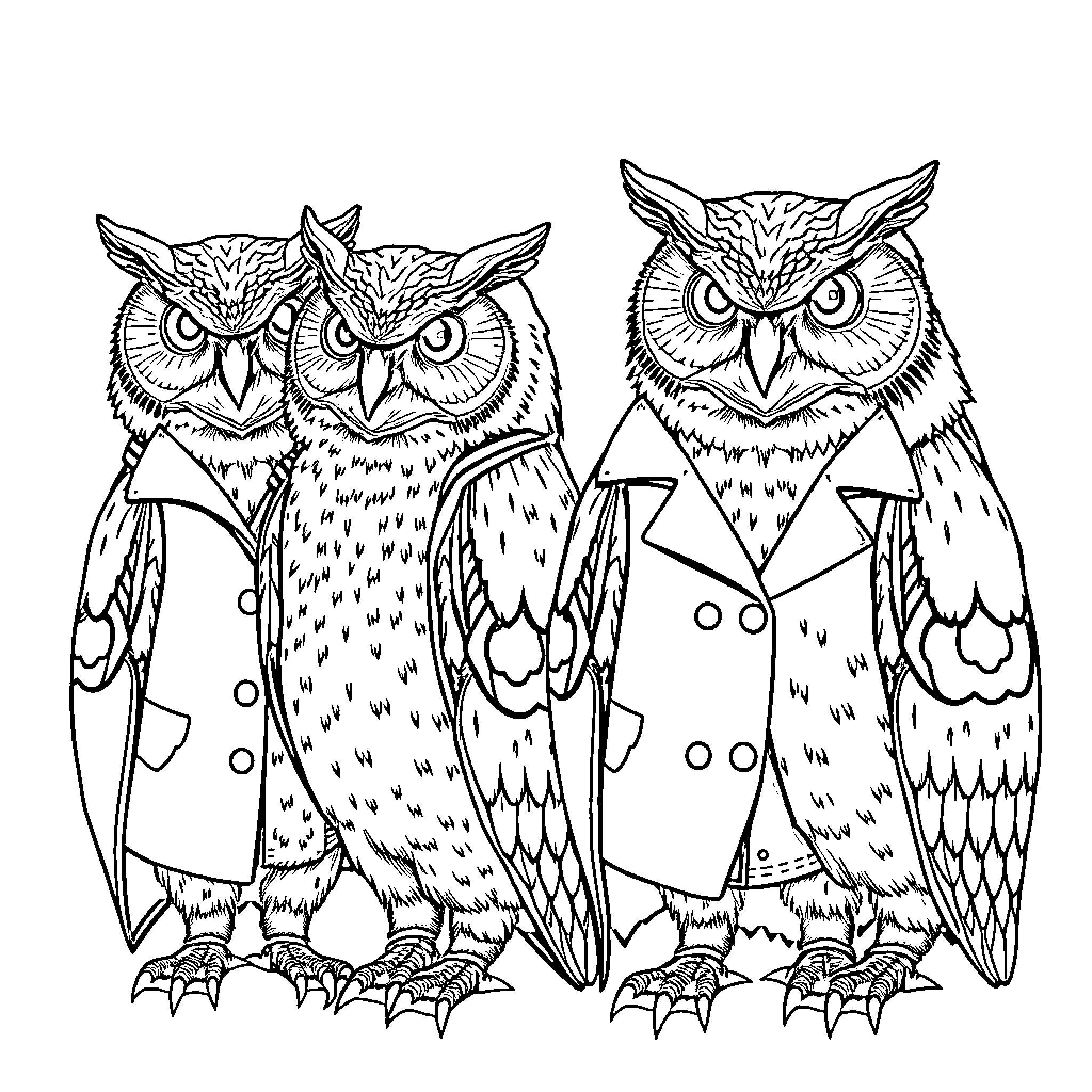 Owl Couple in Stylized Outfits Coloring Page (free black-and-white line drawing printable PDF for all, from beginners to advanced learners, including children, teens, adults, and seniors)
