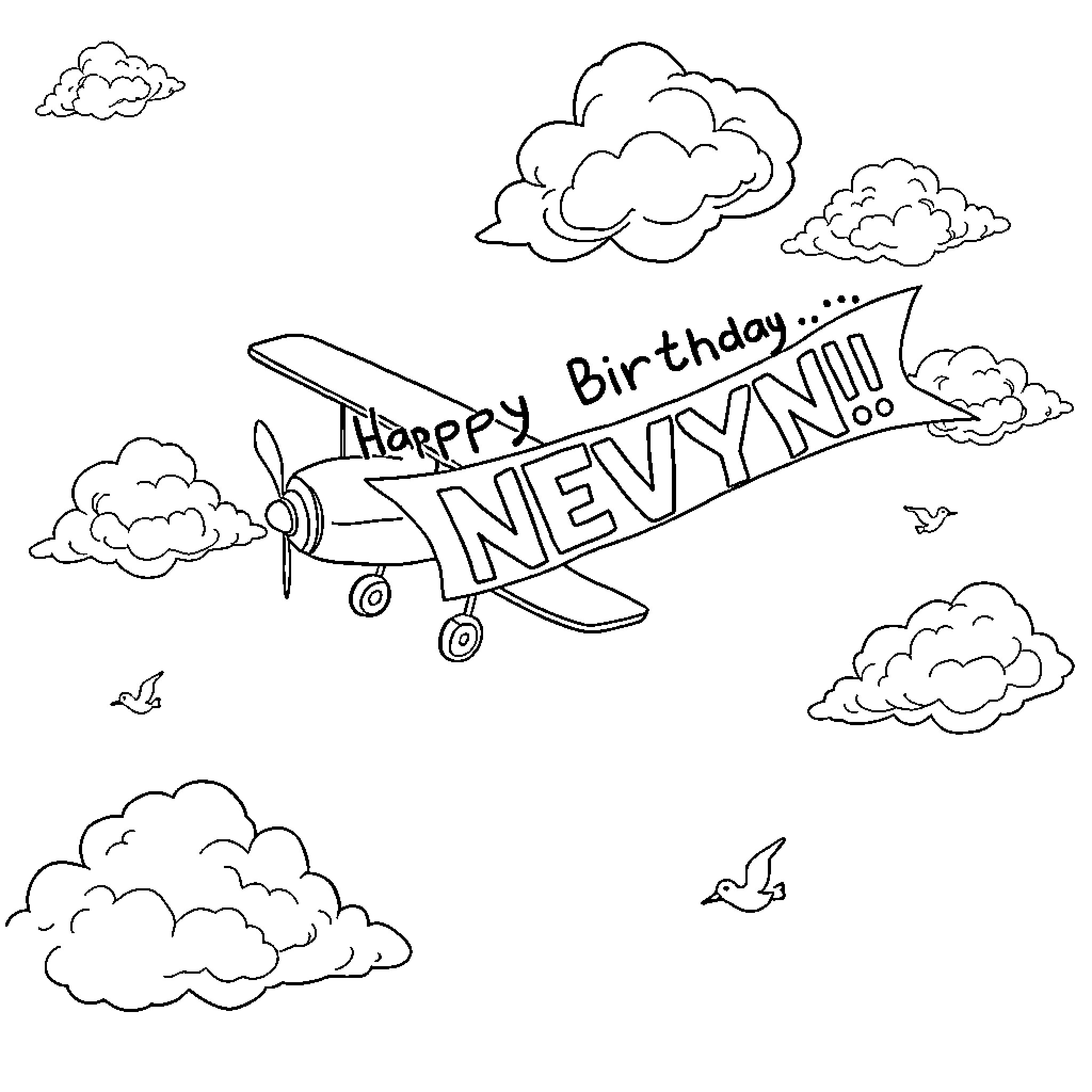 Biplane soaring with Happy Birthday message Coloring Page (free black-and-white line drawing printable PDF for all, from beginners to advanced learners, including children, teens, adults, and seniors)