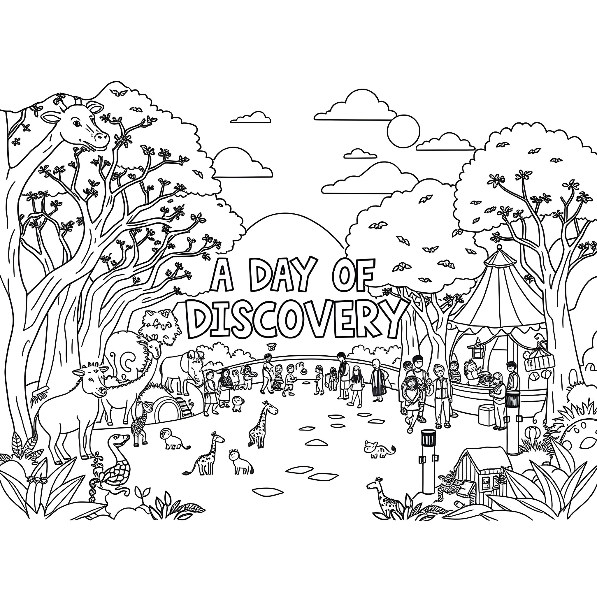 Zoo scene of discovery and exploration Coloring Page (free black-and-white line drawing printable PDF for all, from beginners to advanced learners, including children, teens, adults, and seniors)