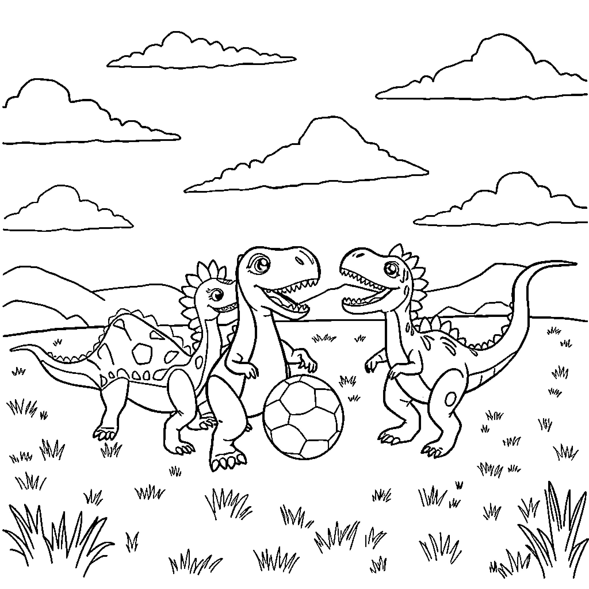 Dinosaurs playing joyfully in a grassy field Coloring Page (free black-and-white line drawing printable PDF for all, from beginners to advanced learners, including children, teens, adults, and seniors)