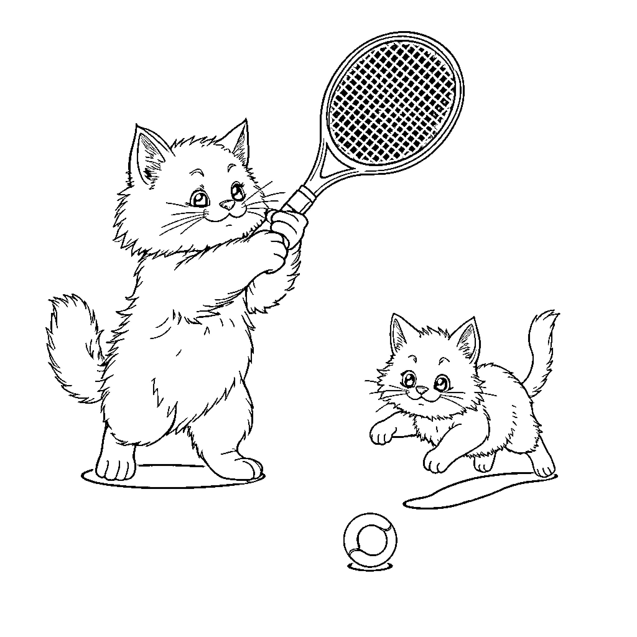 Cats Playing Tennis with Kittens Coloring Page (free black-and-white line drawing printable PDF for all, from beginners to advanced learners, including children, teens, adults, and seniors)