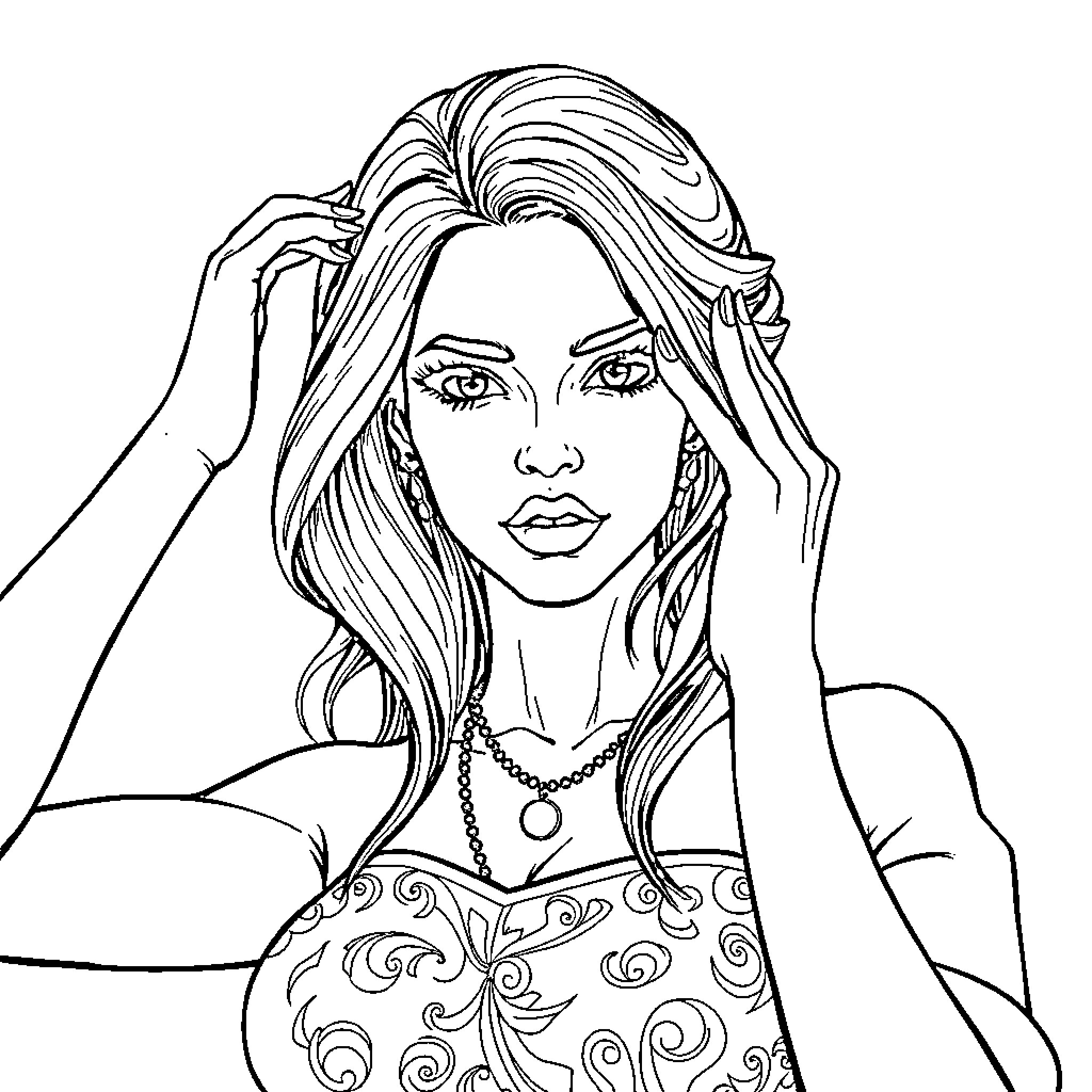 Woman fixing her hair in a pensive pose Coloring Page (free black-and-white line drawing printable PDF for all, from beginners to advanced learners, including children, teens, adults, and seniors)