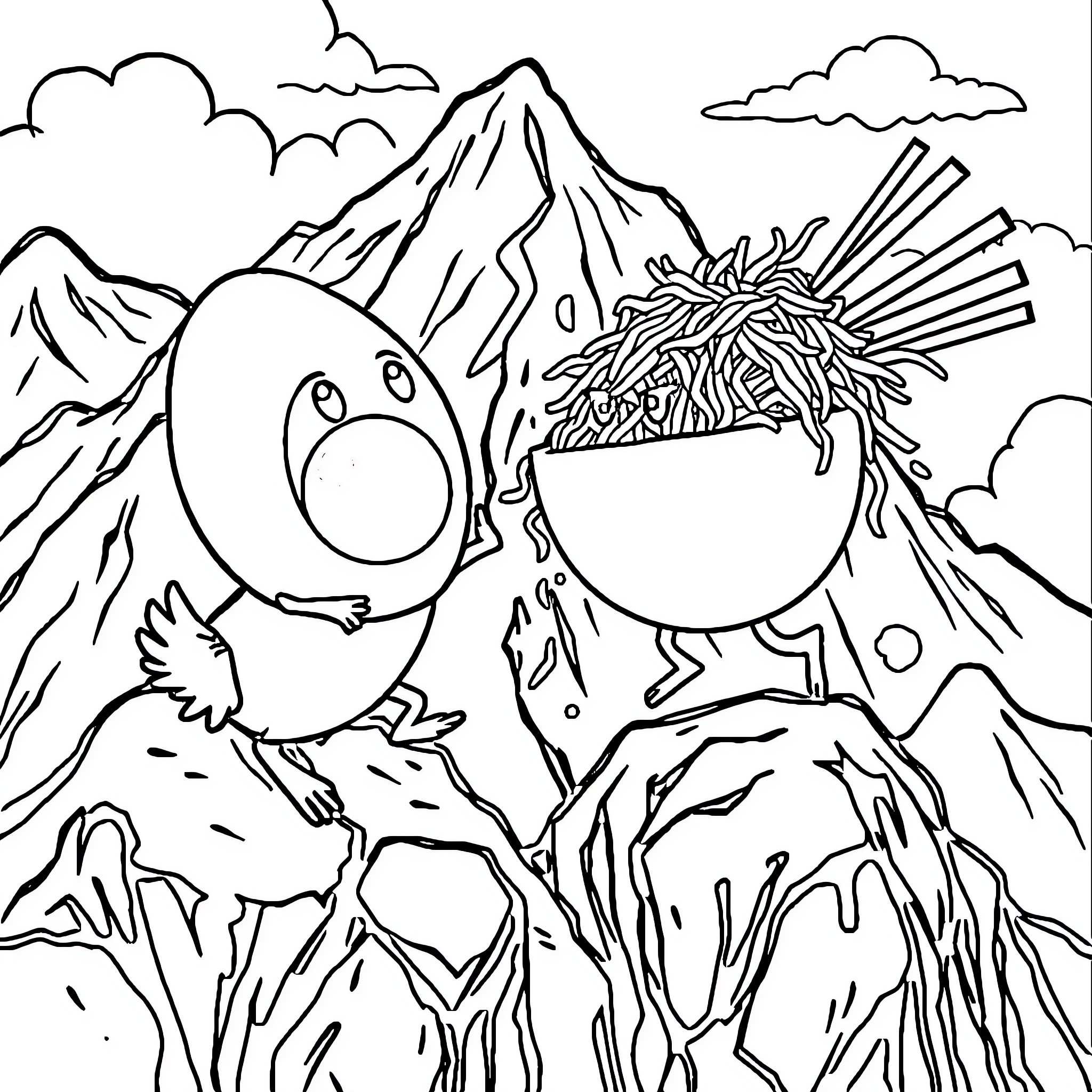 Egg-cited Adventure in the Mountains Coloring Page (free black-and-white line drawing printable PDF for all, from beginners to advanced learners, including children, teens, adults, and seniors)