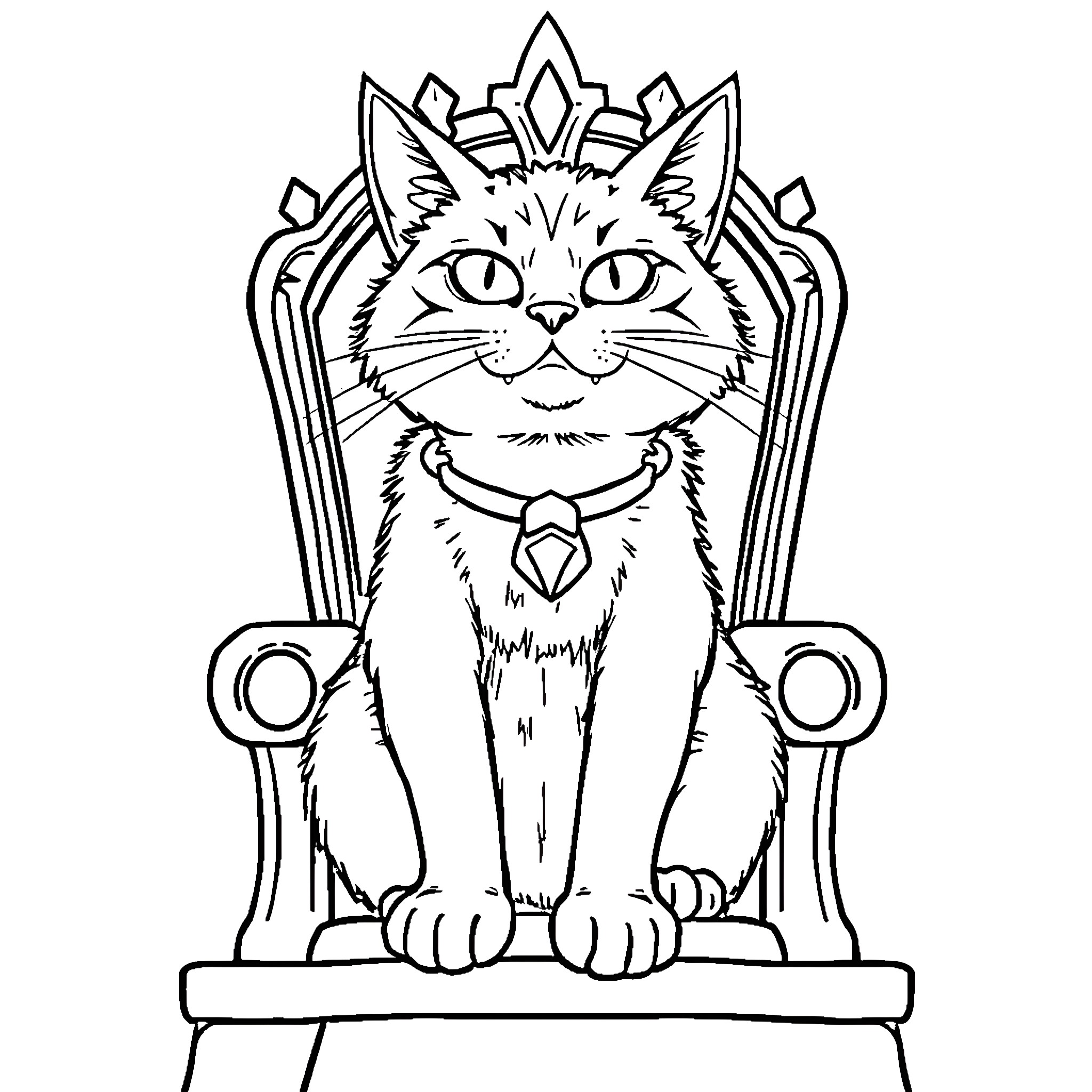 Cat on Ornate Throne Coloring Page (free black-and-white line drawing printable PDF for all, from beginners to advanced learners, including children, teens, adults, and seniors)