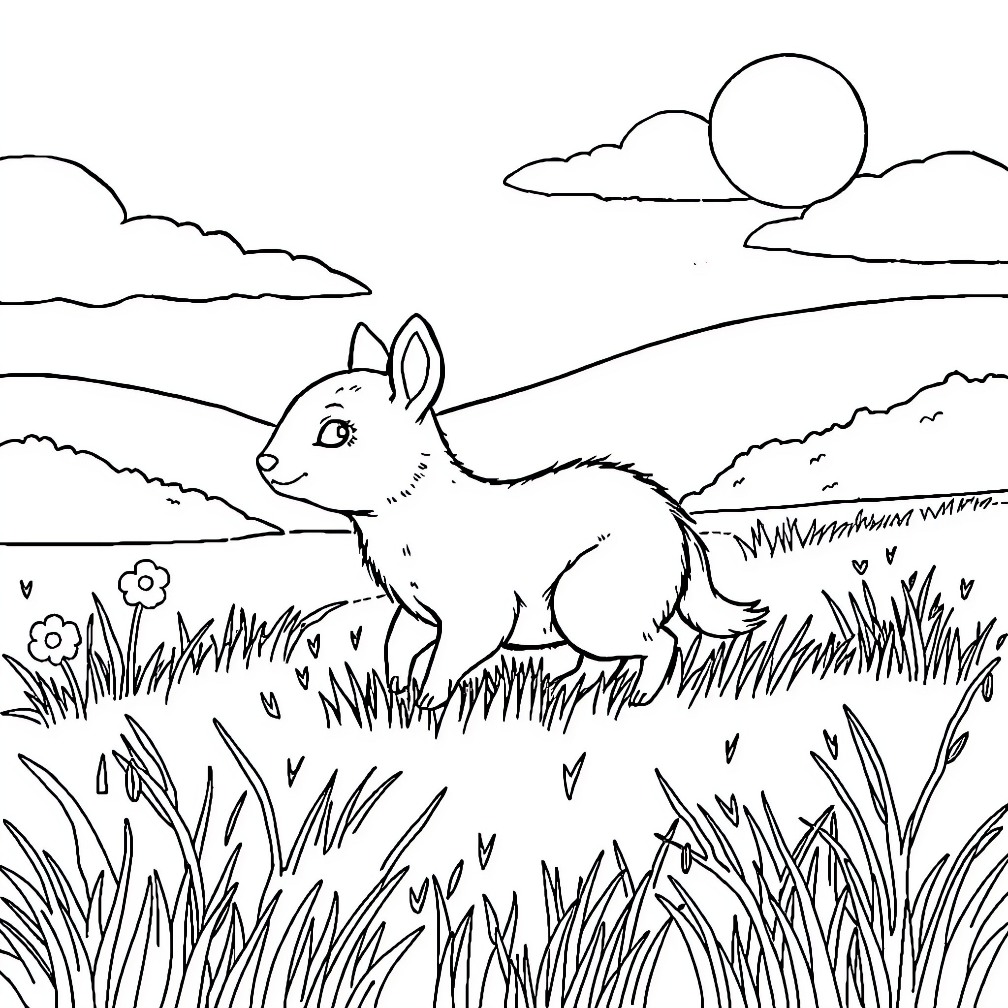 Animal exploring the peaceful countryside Coloring Page (free black-and-white line drawing printable PDF for all, from beginners to advanced learners, including children, teens, adults, and seniors)