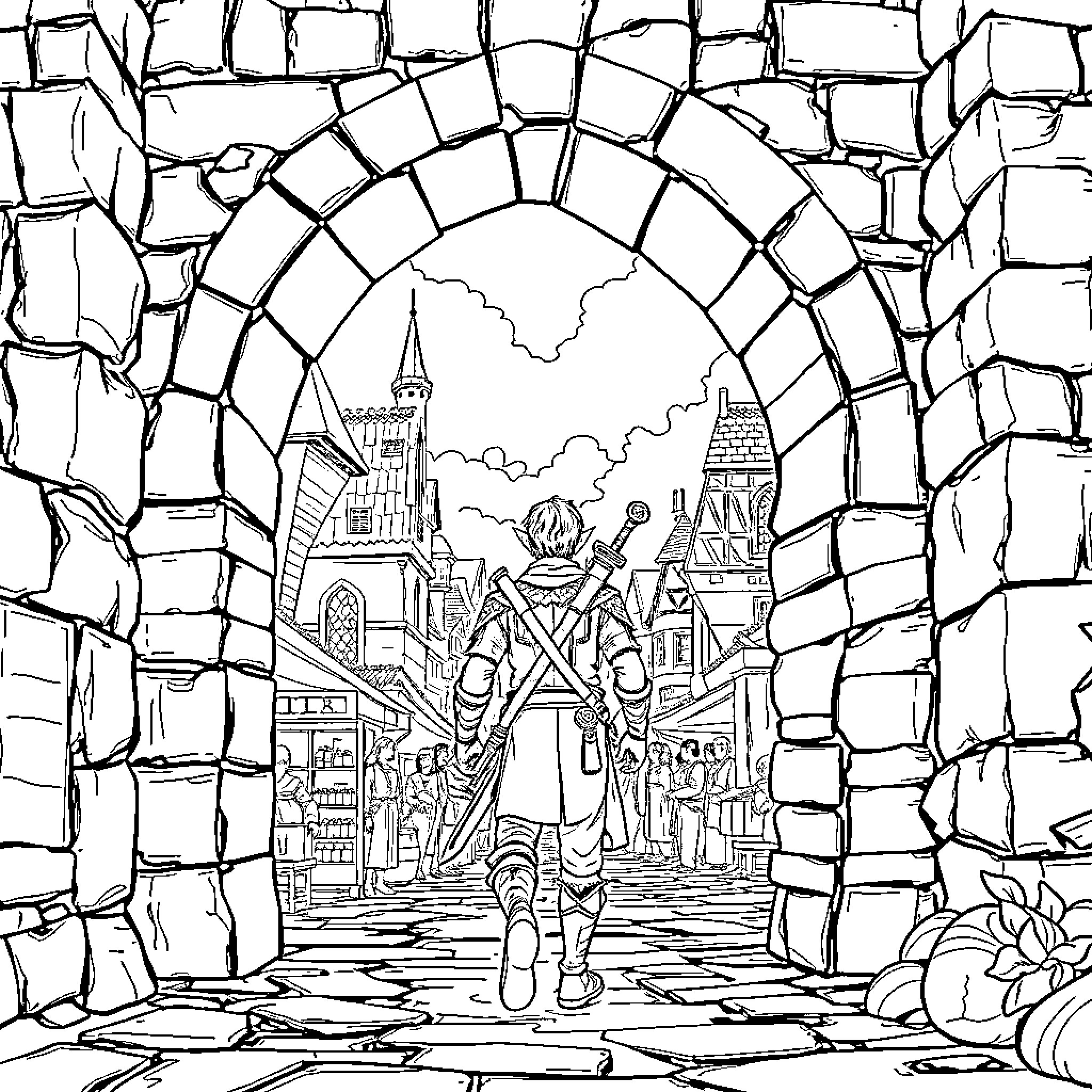 Half Elf warrior exploring a fantastical city through a portal Coloring Page (free black-and-white line drawing printable PDF for all, from beginners to advanced learners, including children, teens, adults, and seniors)