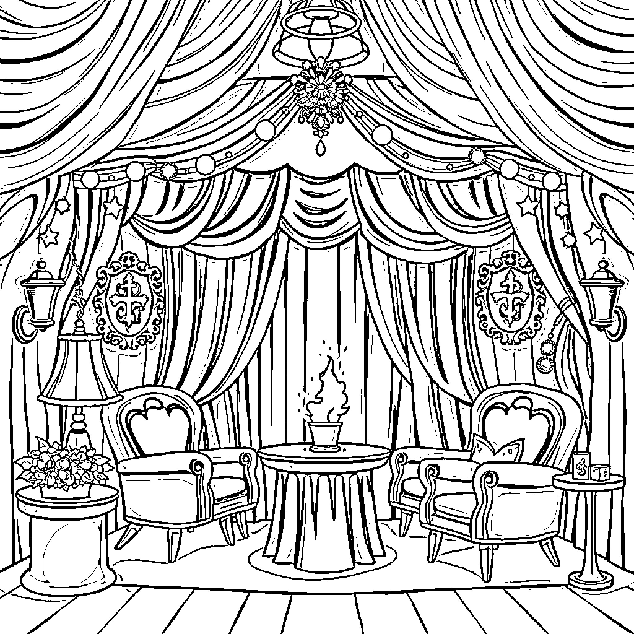 Theatre Scene with Elaborate Decor and Furnishings Coloring Page (free black-and-white line drawing printable PDF for all, from beginners to advanced learners, including children, teens, adults, and seniors)