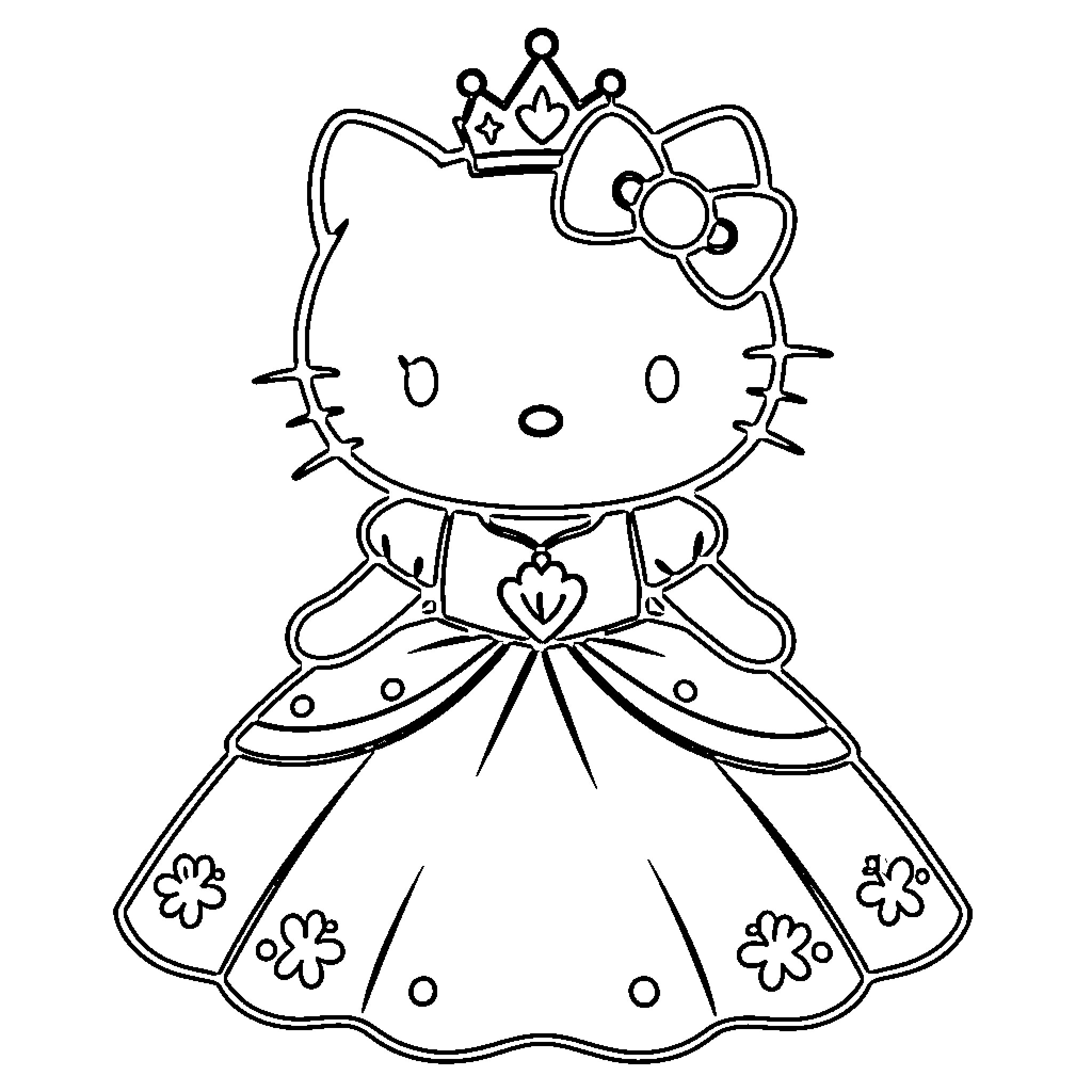 Hello Kitty dressed as a princess with a crown Coloring Page (free black-and-white line drawing printable PDF for all, from beginners to advanced learners, including children, teens, adults, and seniors)