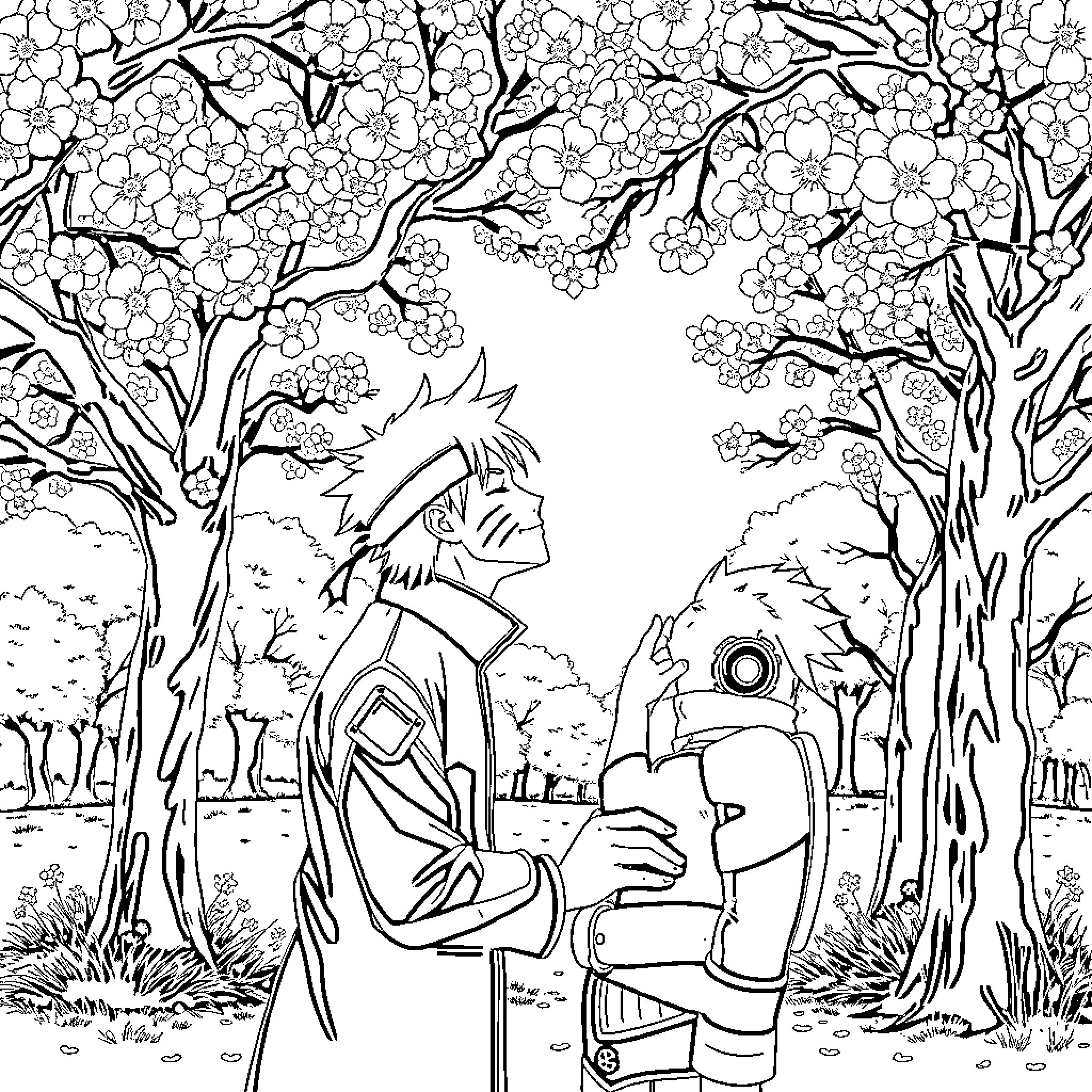 Ichigo enjoying an outing in a blooming forest Coloring Page (free black-and-white line drawing printable PDF for all, from beginners to advanced learners, including children, teens, adults, and seniors)