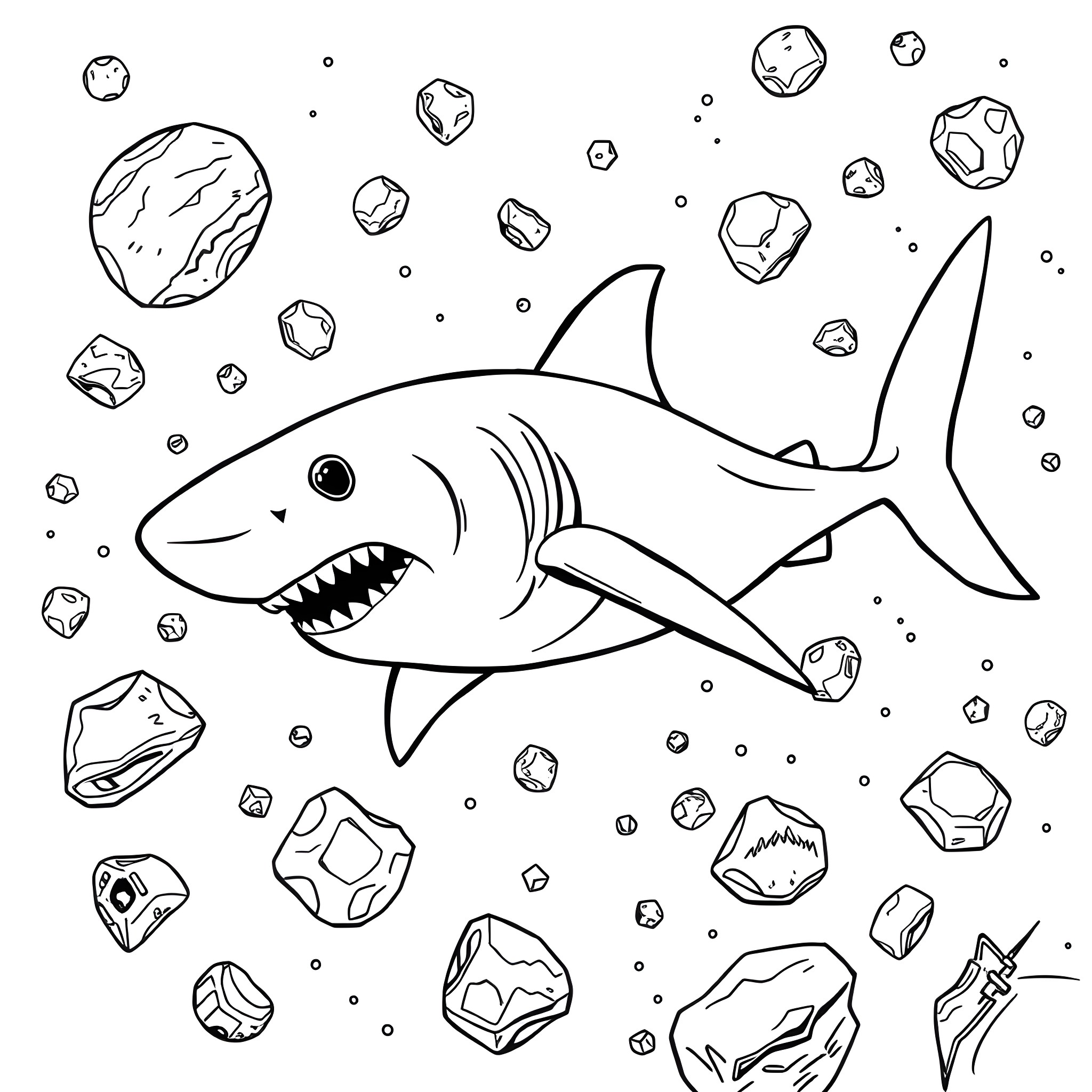 Shark swimming amongst asteroids in space Coloring Page (free black-and-white line drawing printable PDF for all, from beginners to advanced learners, including children, teens, adults, and seniors)