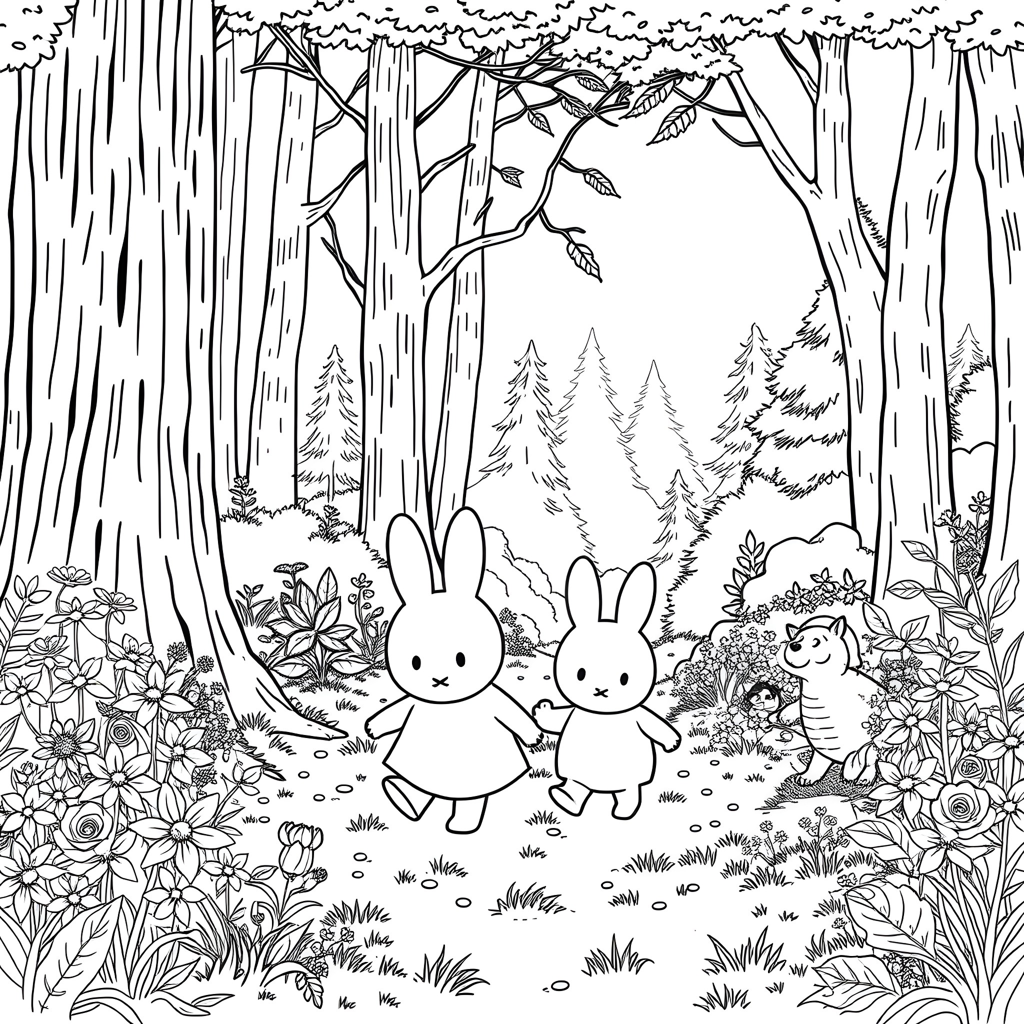 Miffy and friends in the enchanted forest Coloring Page (free black-and-white line drawing printable PDF for all, from beginners to advanced learners, including children, teens, adults, and seniors)