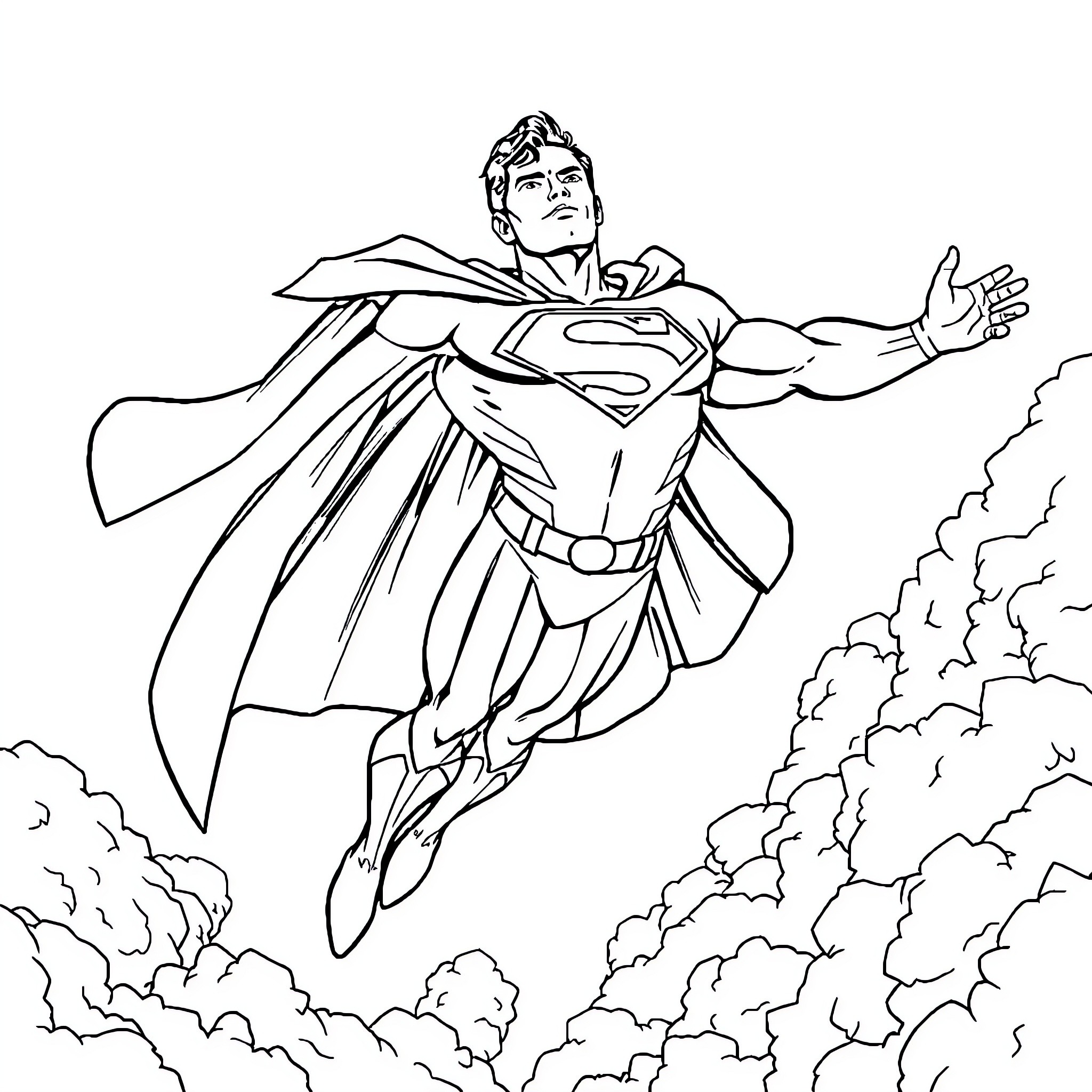 Superman soaring through the clouds with determination Coloring Page (free black-and-white line drawing printable PDF for all, from beginners to advanced learners, including children, teens, adults, and seniors)
