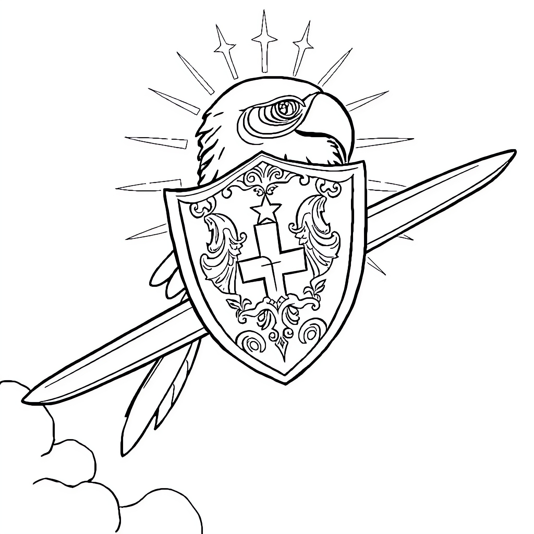 Escudo of a Mystical Shield and Arrows Coloring Page (free black-and-white line drawing printable PDF for all, from beginners to advanced learners, including children, teens, adults, and seniors)