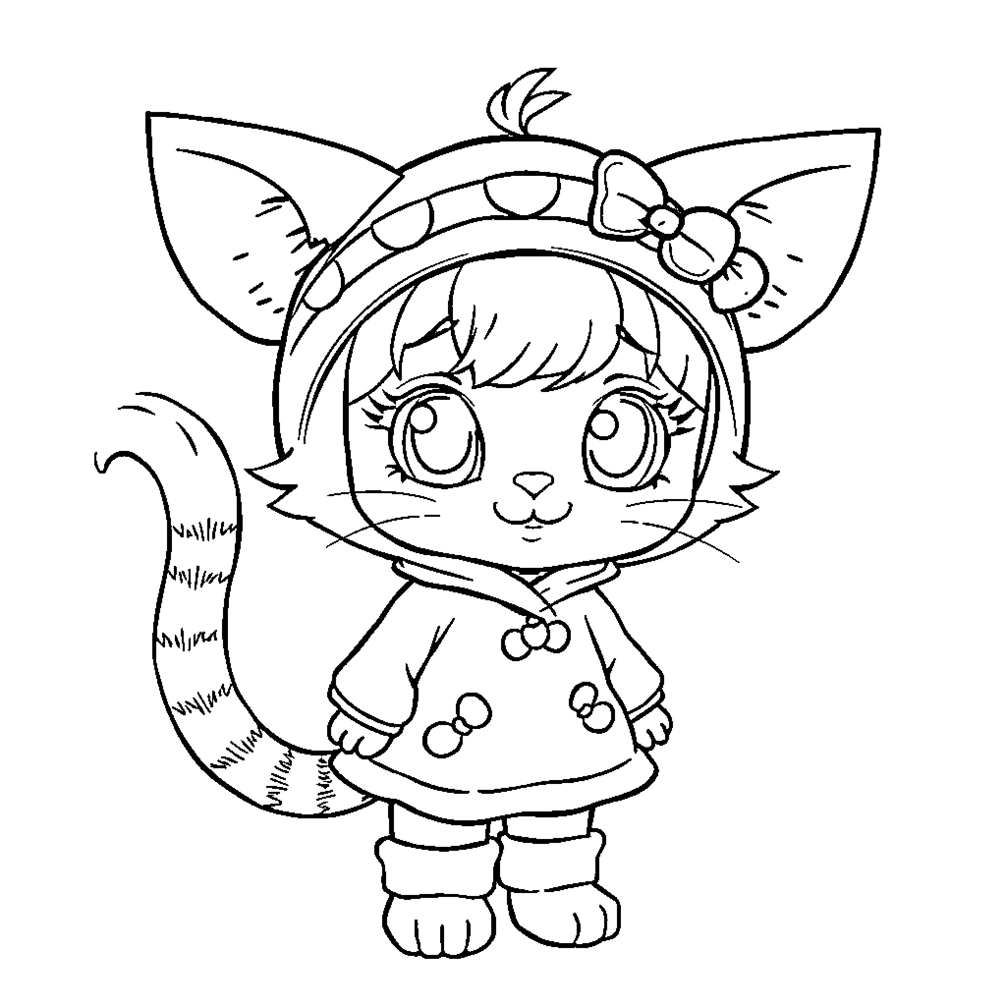 Kitty girl in a floral headband Coloring Page (free black-and-white line drawing printable PDF for all, from beginners to advanced learners, including children, teens, adults, and seniors)