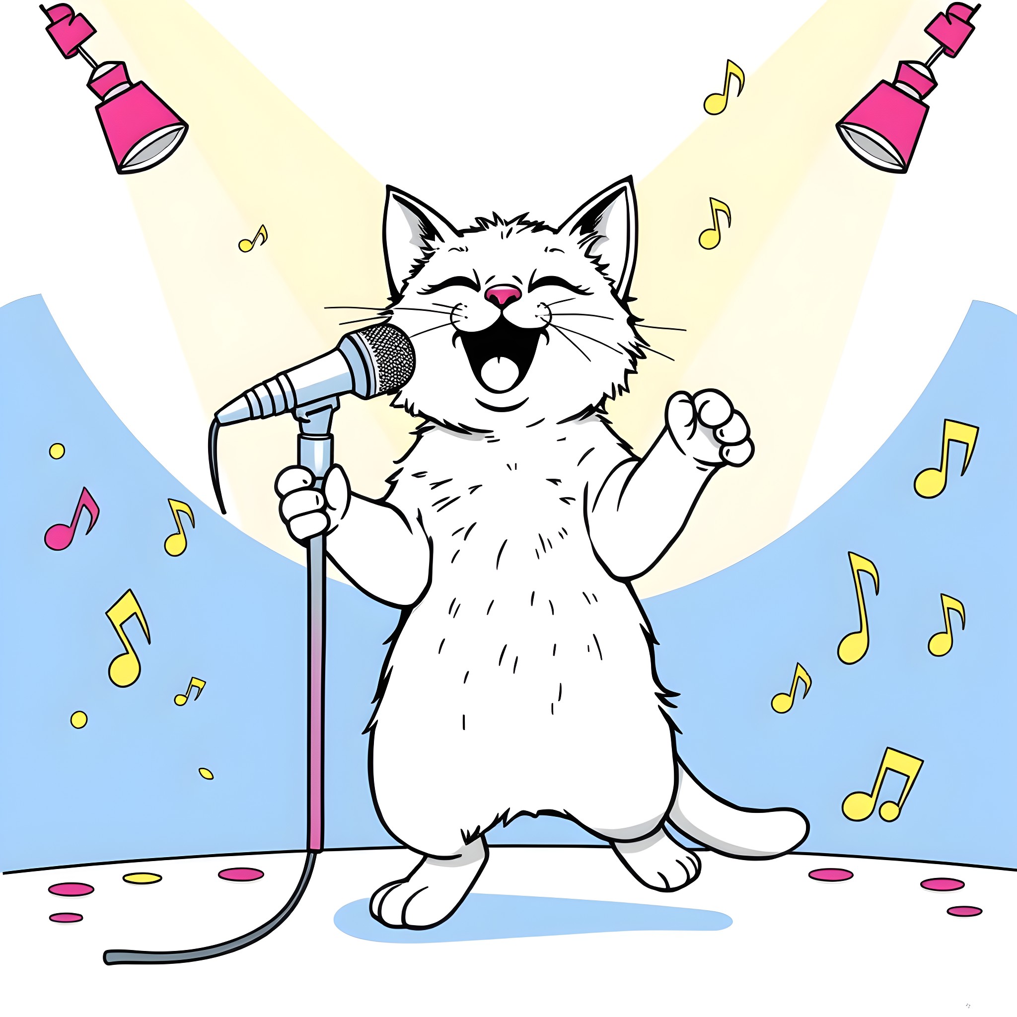 Cat singing joyfully on stage with microphone Coloring Page (free black-and-white line drawing printable PDF for all, from beginners to advanced learners, including children, teens, adults, and seniors)
