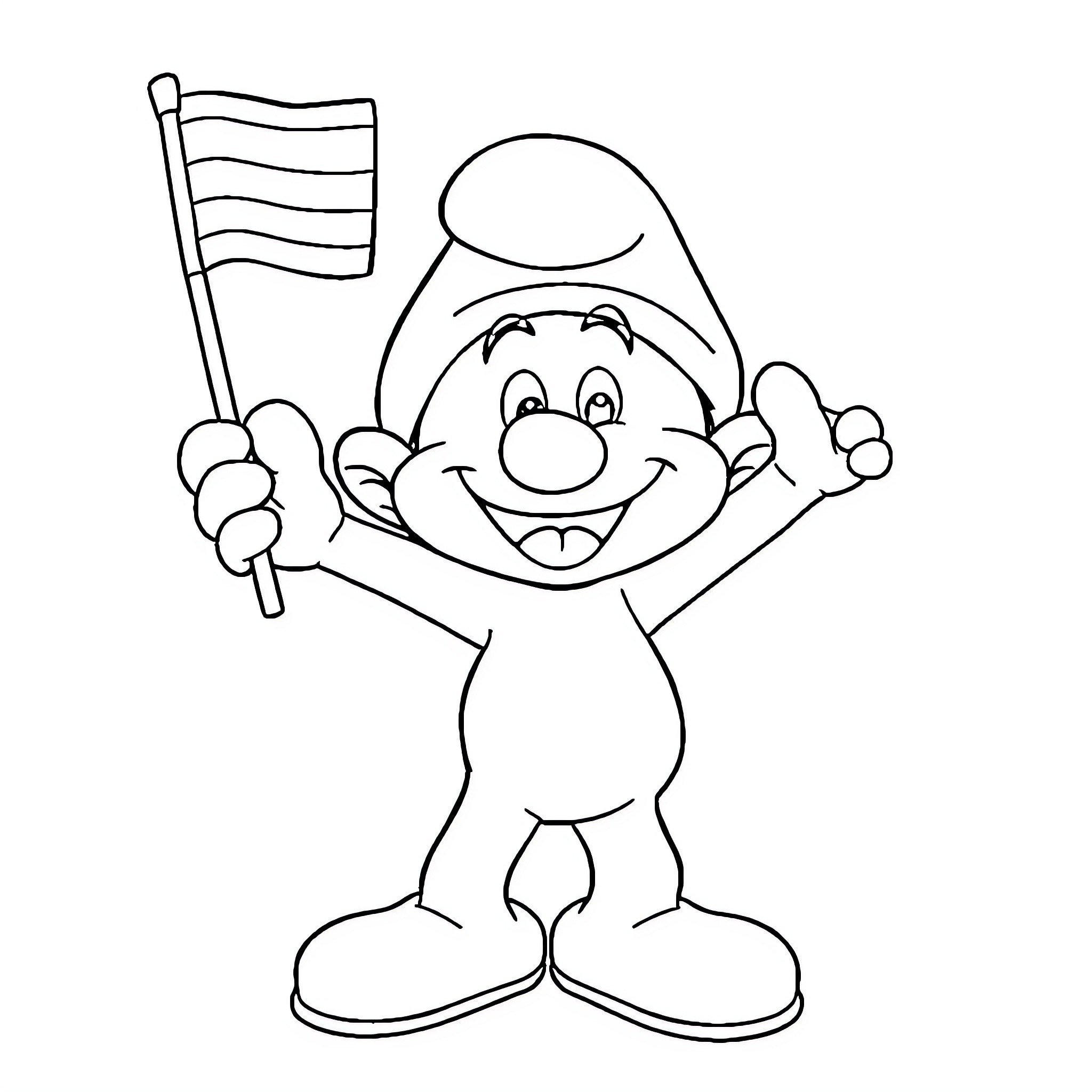 Smurf Waving Joyfully with Flag Coloring Page (free black-and-white line drawing printable PDF for all, from beginners to advanced learners, including children, teens, adults, and seniors)
