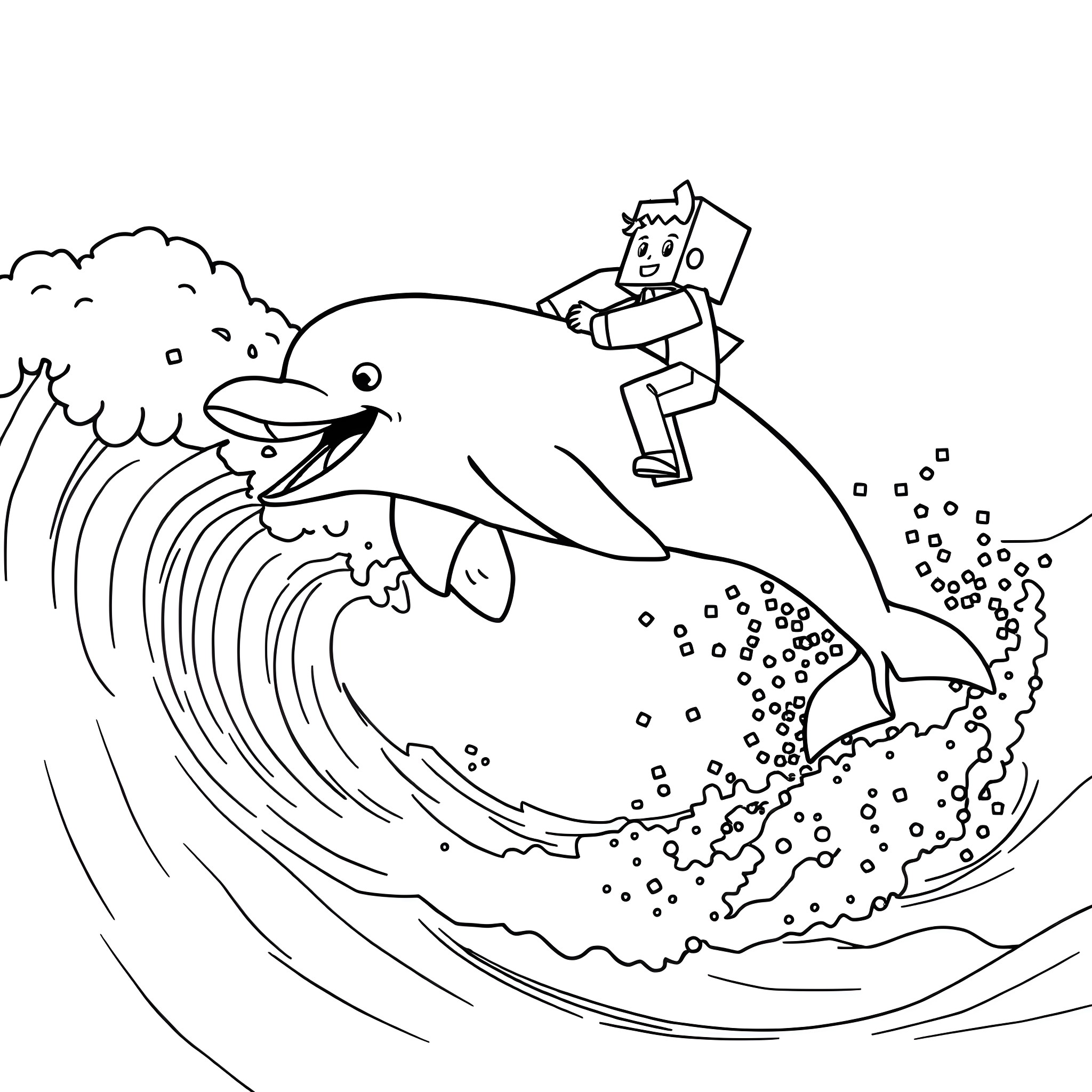 Dolphin riding a wave with a robot surfer Coloring Page (free black-and-white line drawing printable PDF for all, from beginners to advanced learners, including children, teens, adults, and seniors)