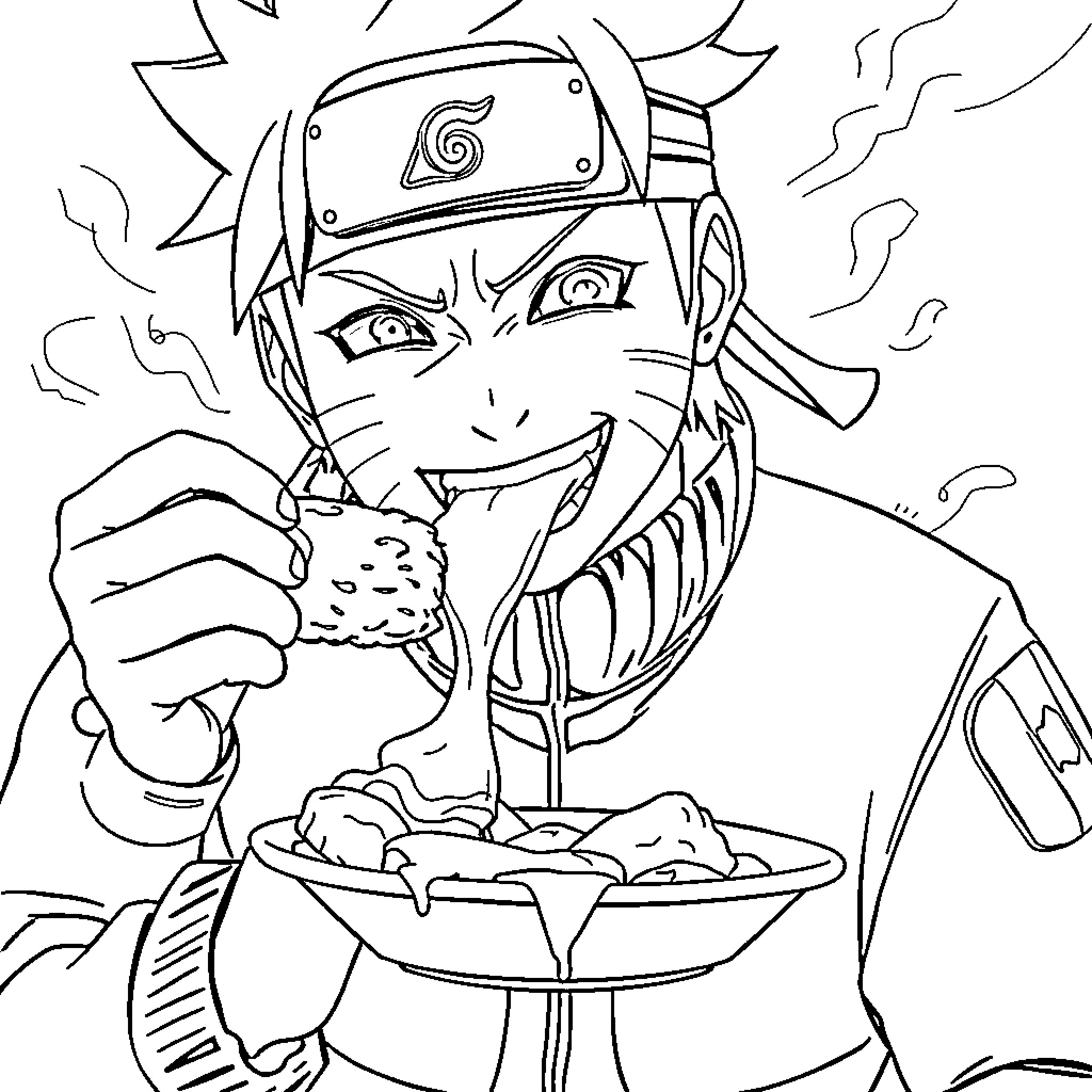 Naruto enjoying a tasty meal with enthusiasm Coloring Page (free black-and-white line drawing printable PDF for all, from beginners to advanced learners, including children, teens, adults, and seniors)