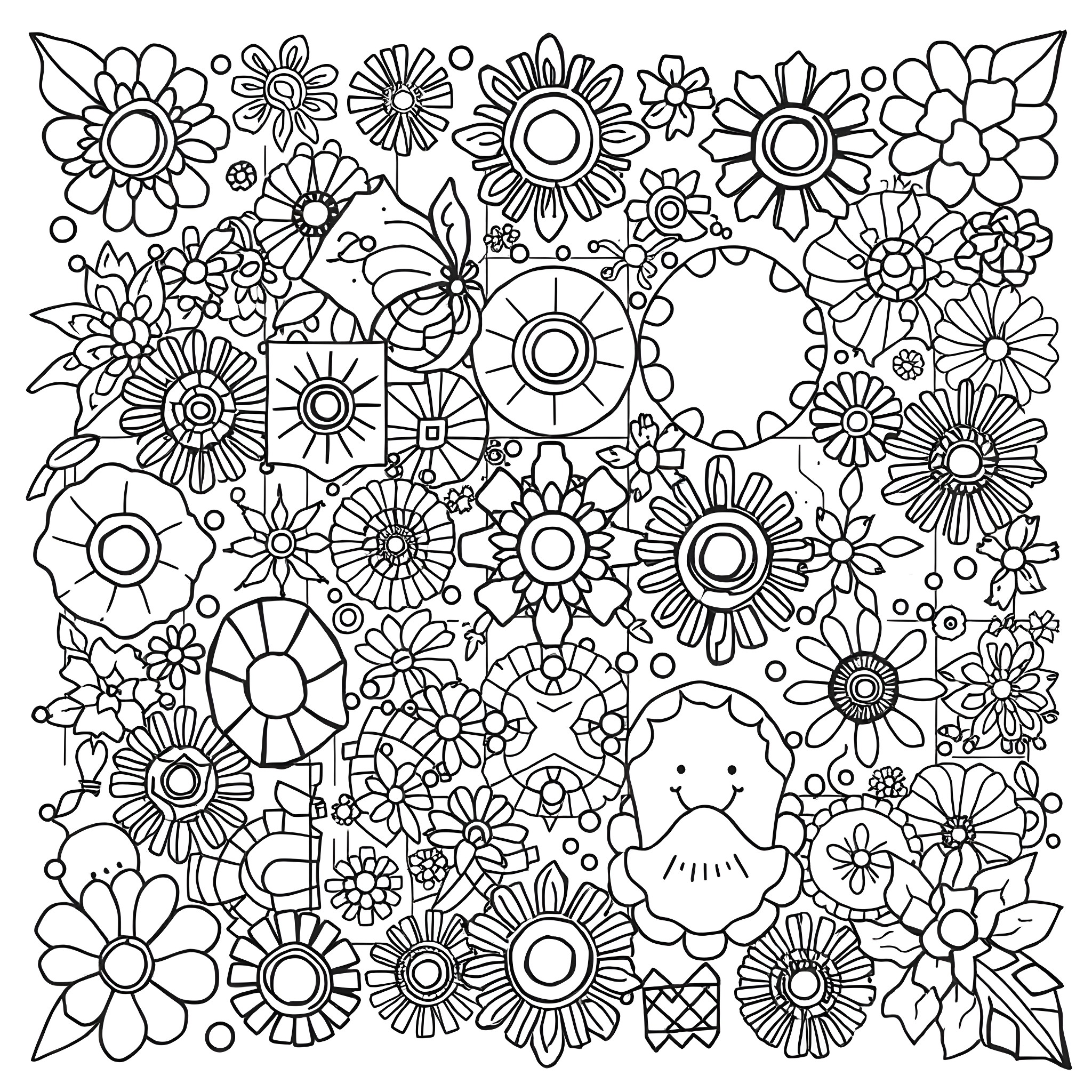 Patchwork of Whimsical Floral Patterns Coloring Page (free black-and-white line drawing printable PDF for all, from beginners to advanced learners, including children, teens, adults, and seniors)