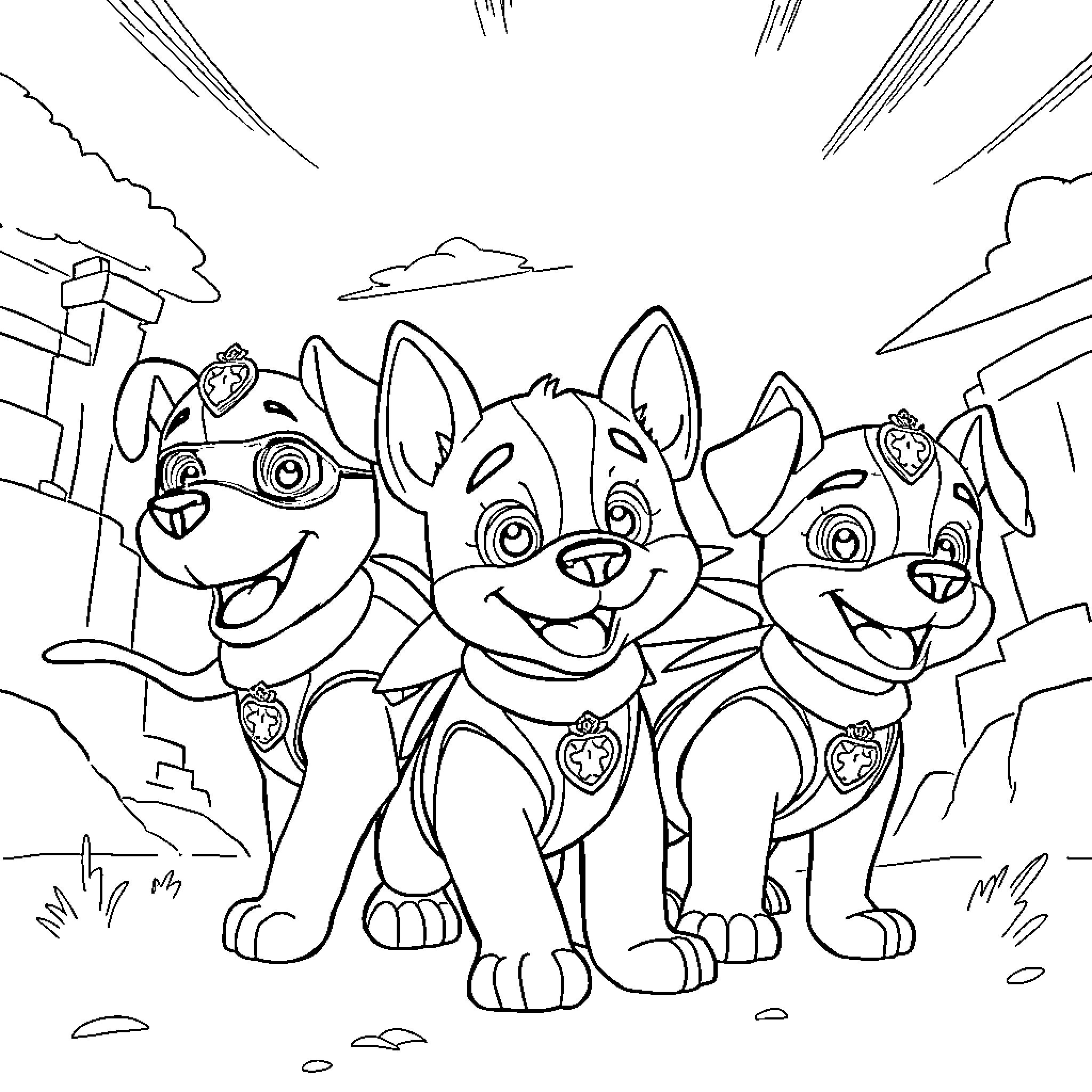Paw Patrol puppies in action-packed adventure Coloring Page (free black-and-white line drawing printable PDF for all, from beginners to advanced learners, including children, teens, adults, and seniors)
