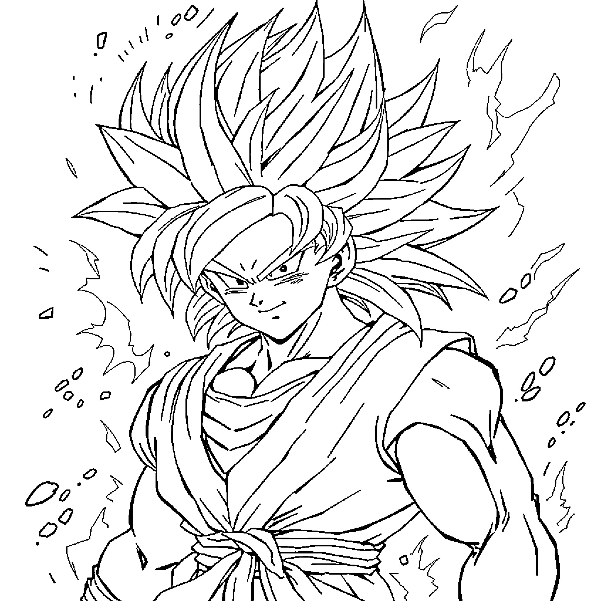 Goku in a fierce battle stance with intense energy Coloring Page (free black-and-white line drawing printable PDF for all, from beginners to advanced learners, including children, teens, adults, and seniors)