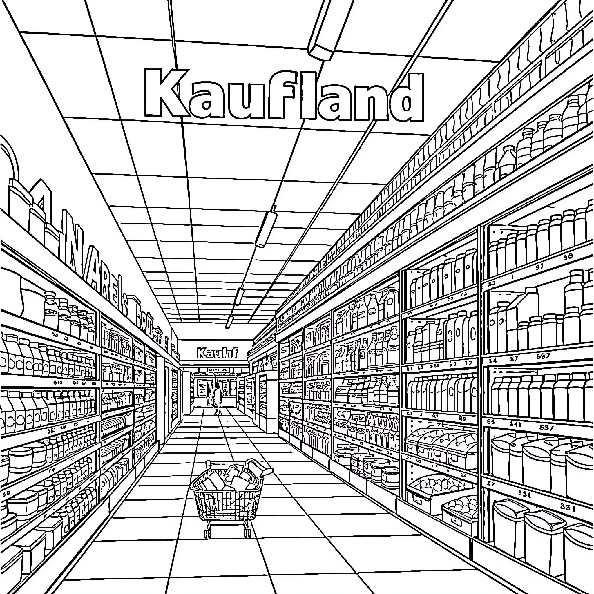 Kaufland supermarket aisle with shopping cart Coloring Page (free black-and-white line drawing printable PDF for all, from beginners to advanced learners, including children, teens, adults, and seniors)