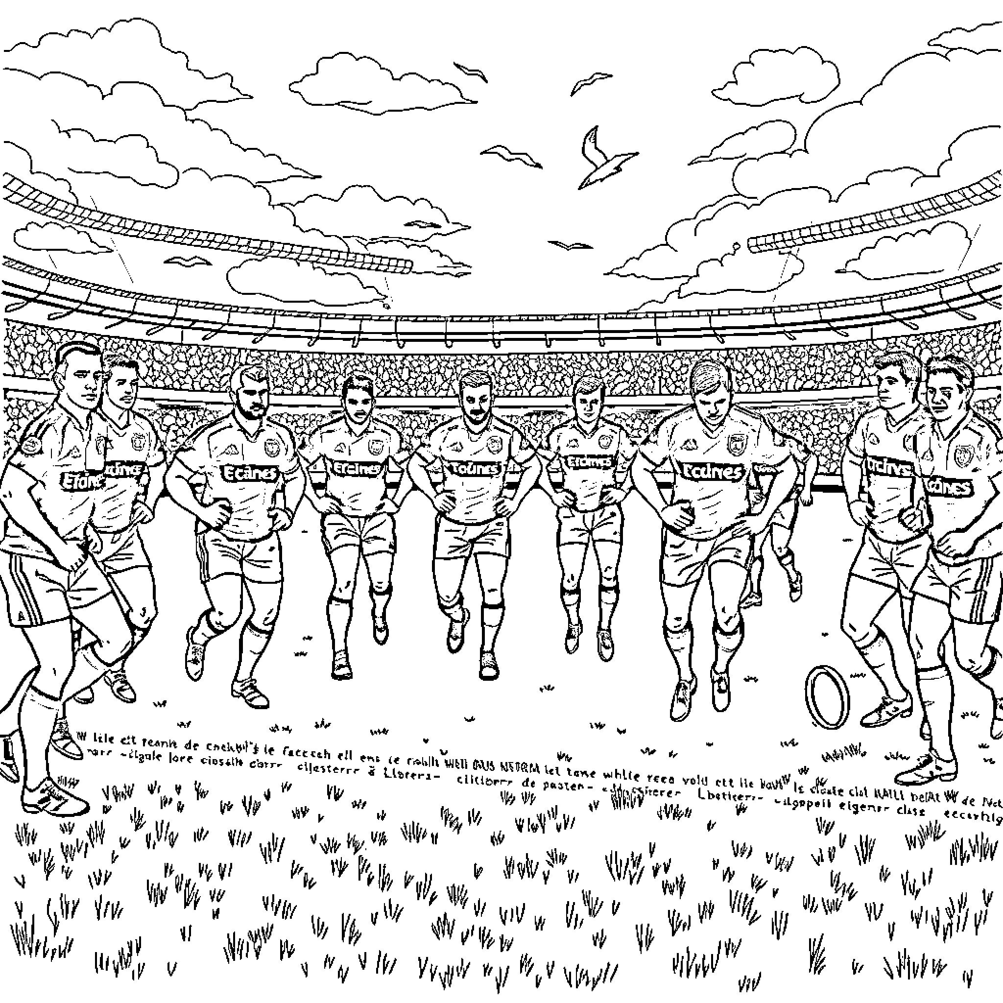 Stade Toulousain players in action on the rugby field Coloring Page (free black-and-white line drawing printable PDF for all, from beginners to advanced learners, including children, teens, adults, and seniors)