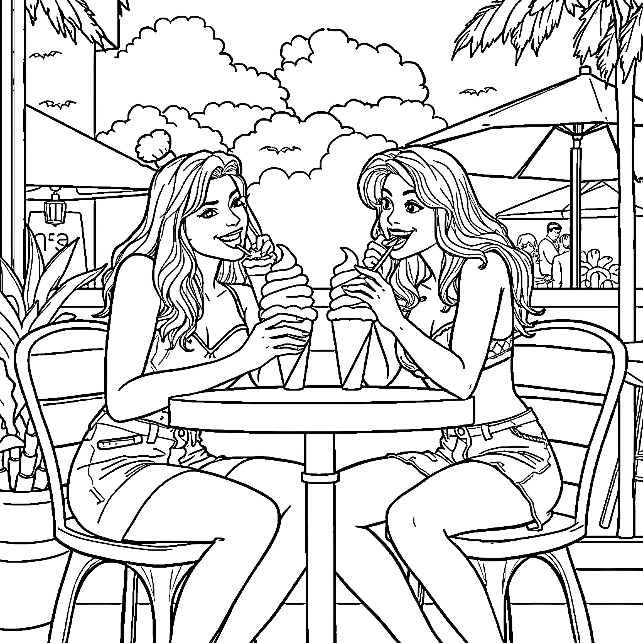 Rhea Ripley enjoying a drink with a friend Coloring Page (free black-and-white line drawing printable PDF for all, from beginners to advanced learners, including children, teens, adults, and seniors)