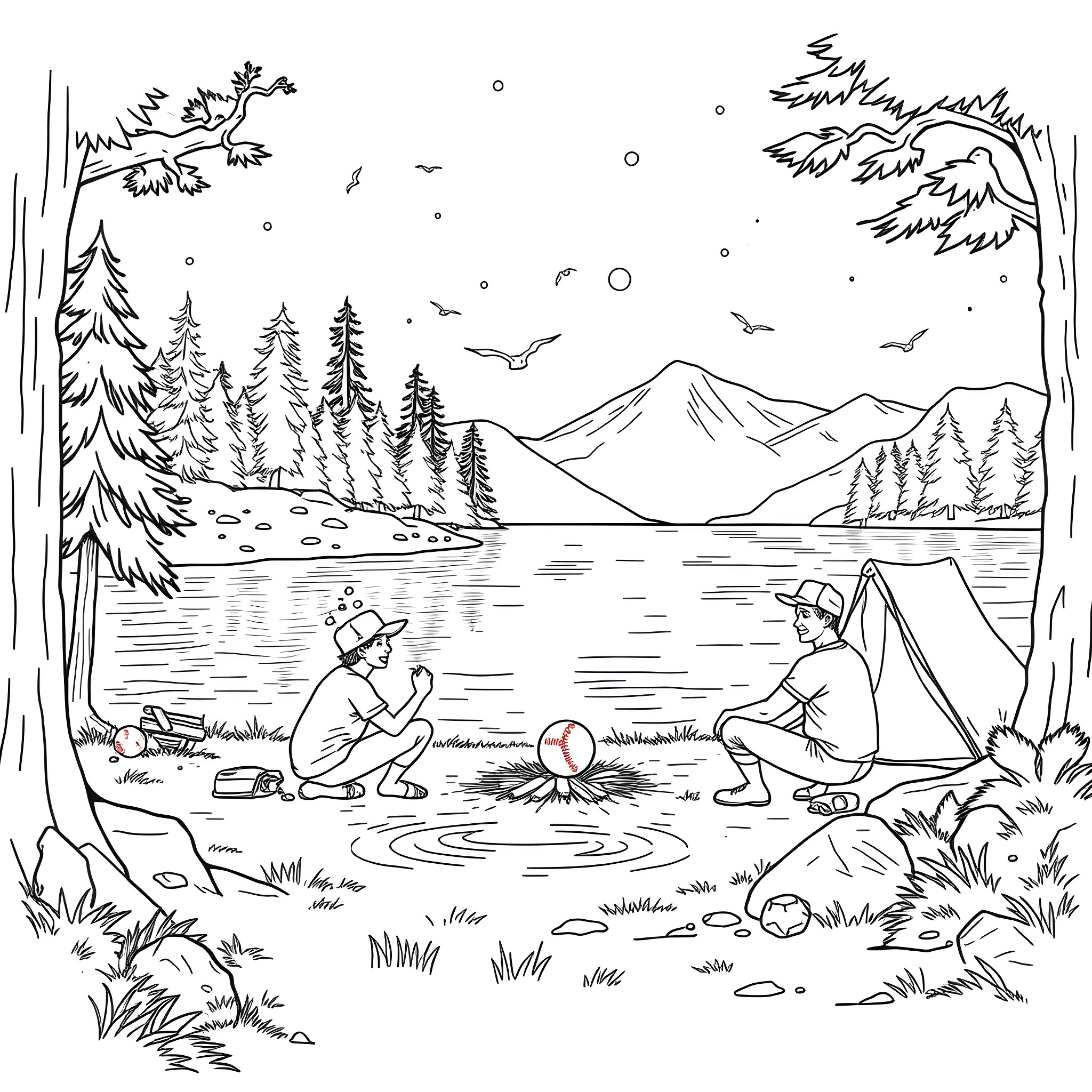 Family enjoying nature at the campsite Coloring Page (free black-and-white line drawing printable PDF for all, from beginners to advanced learners, including children, teens, adults, and seniors)