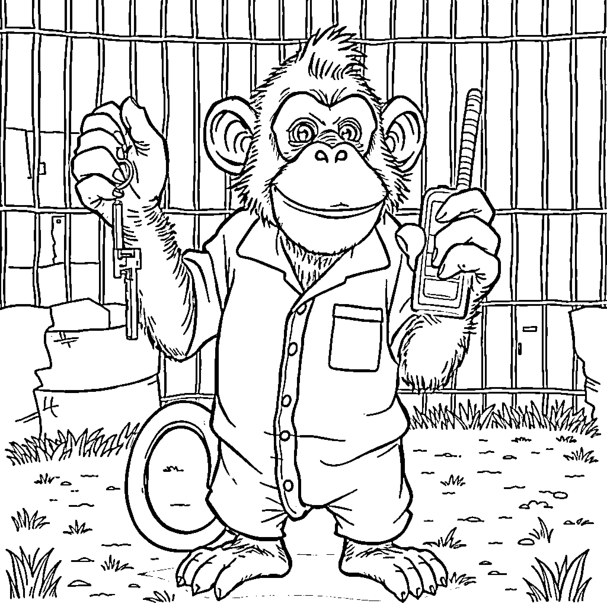 Monkey in a Cage Expressing Emotion Coloring Page (free black-and-white line drawing printable PDF for all, from beginners to advanced learners, including children, teens, adults, and seniors)