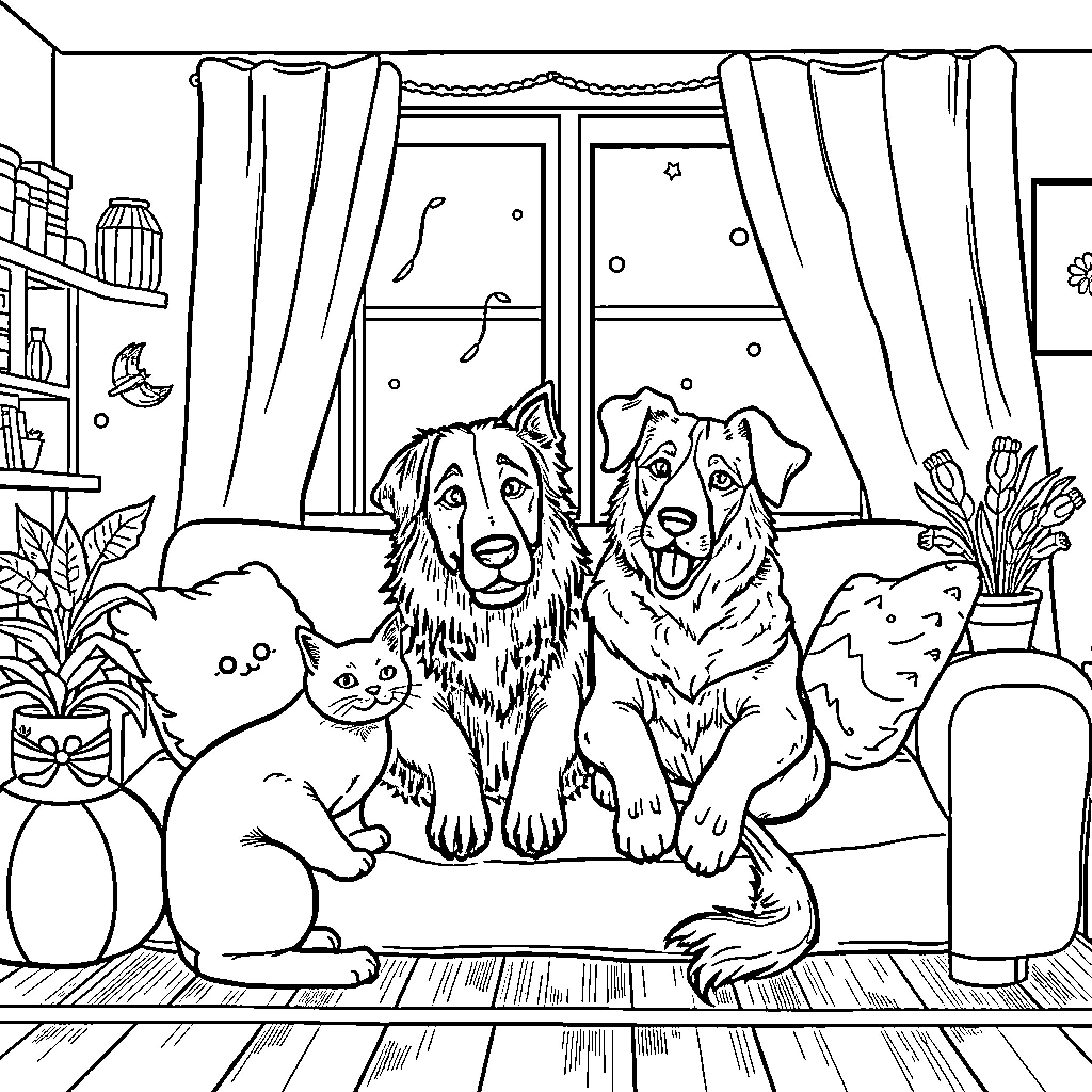 Sinterklaas and his Pets Enjoying the Winter Scene Coloring Page (free black-and-white line drawing printable PDF for all, from beginners to advanced learners, including children, teens, adults, and seniors)