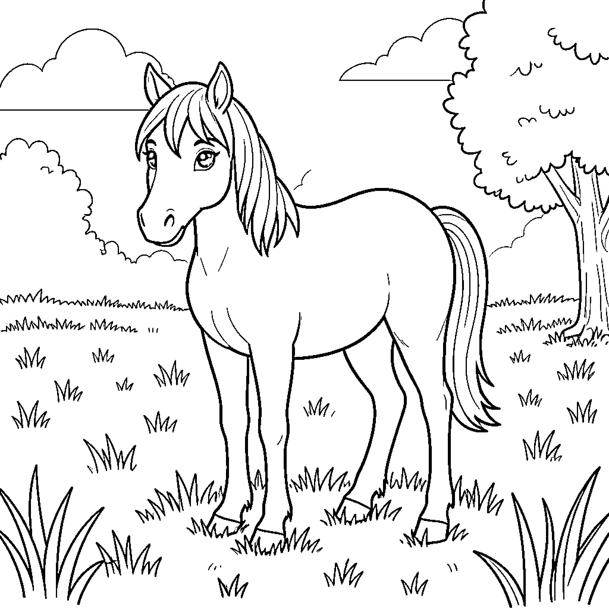 Pony standing calmly in a grassy meadow Coloring Page (free black-and-white line drawing printable PDF for all, from beginners to advanced learners, including children, teens, adults, and seniors)