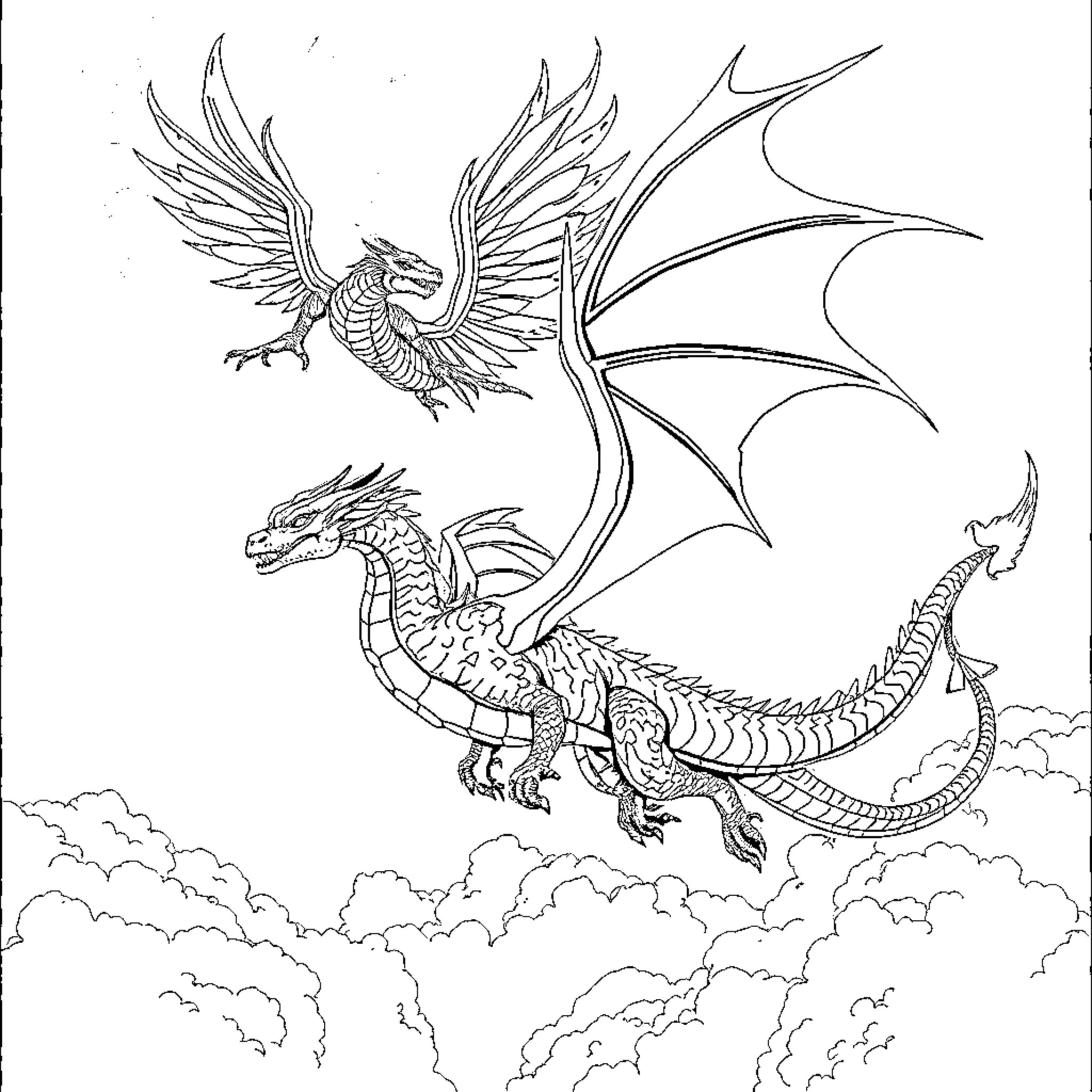 Dragon duo soaring through the cloudy skies Coloring Page (free black-and-white line drawing printable PDF for all, from beginners to advanced learners, including children, teens, adults, and seniors)
