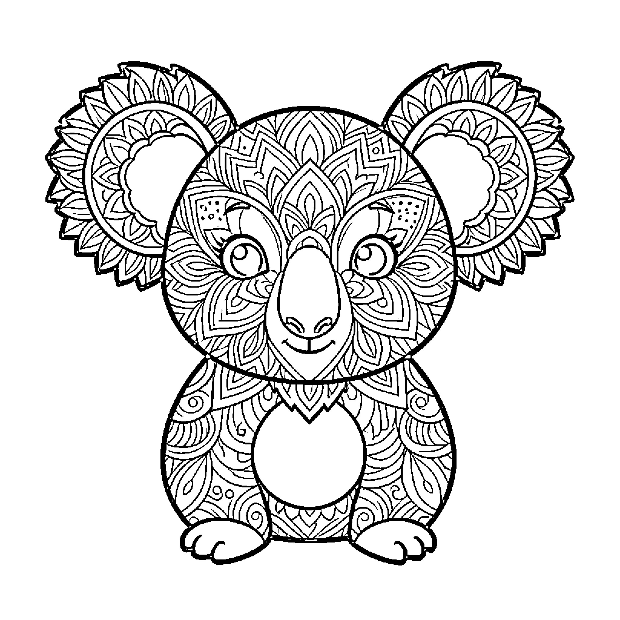 Koala with intricate floral pattern Coloring Page (free black-and-white line drawing printable PDF for all, from beginners to advanced learners, including children, teens, adults, and seniors)