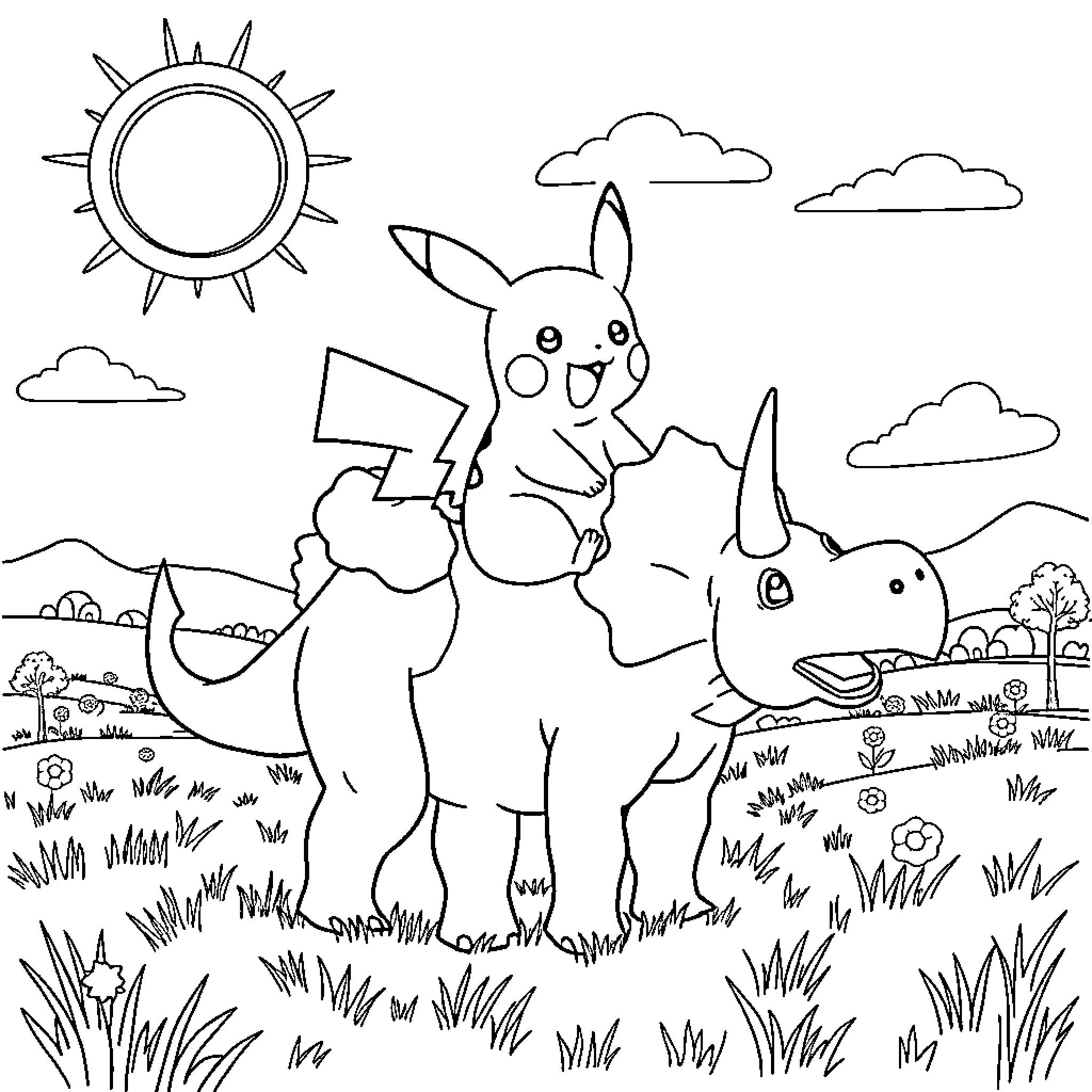 Pikachu happily riding a Ponyta in a grassy field Coloring Page (free black-and-white line drawing printable PDF for all, from beginners to advanced learners, including children, teens, adults, and seniors)