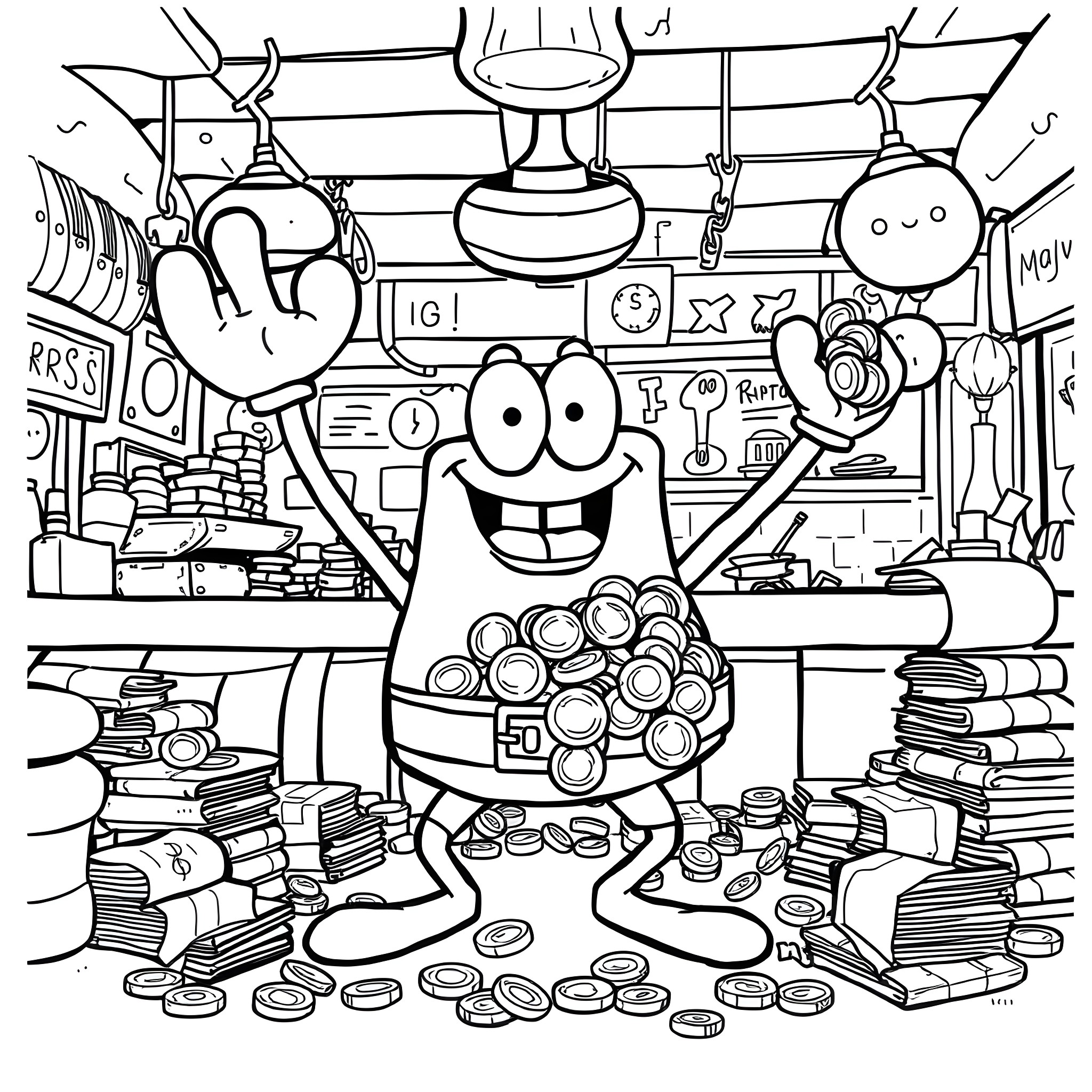 Mr. Krabs' Treasure Trove: A Gluttonous Delight Coloring Page (free black-and-white line drawing printable PDF for all, from beginners to advanced learners, including children, teens, adults, and seniors)