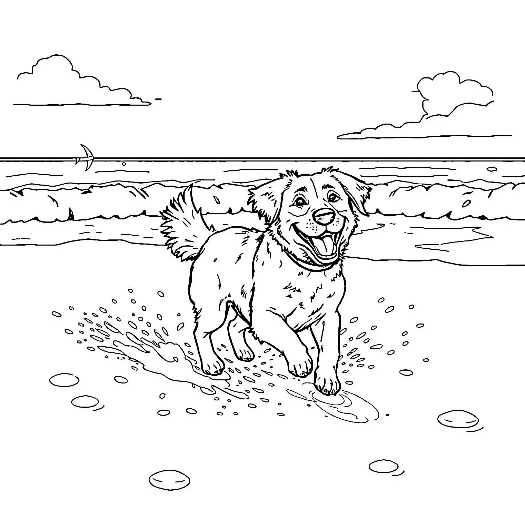 Dog happily playing in the waves at the beach Coloring Page (free black-and-white line drawing printable PDF for all, from beginners to advanced learners, including children, teens, adults, and seniors)