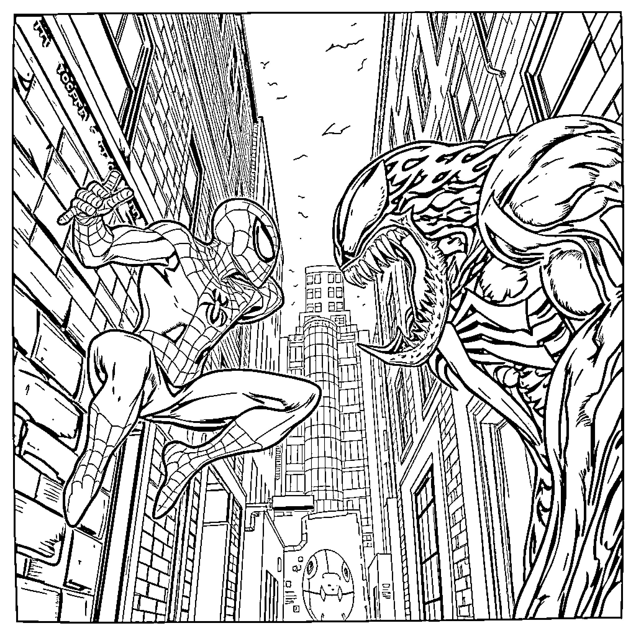 Spiderman battles a monstrous creature in the city Coloring Page (free black-and-white line drawing printable PDF for all, from beginners to advanced learners, including children, teens, adults, and seniors)