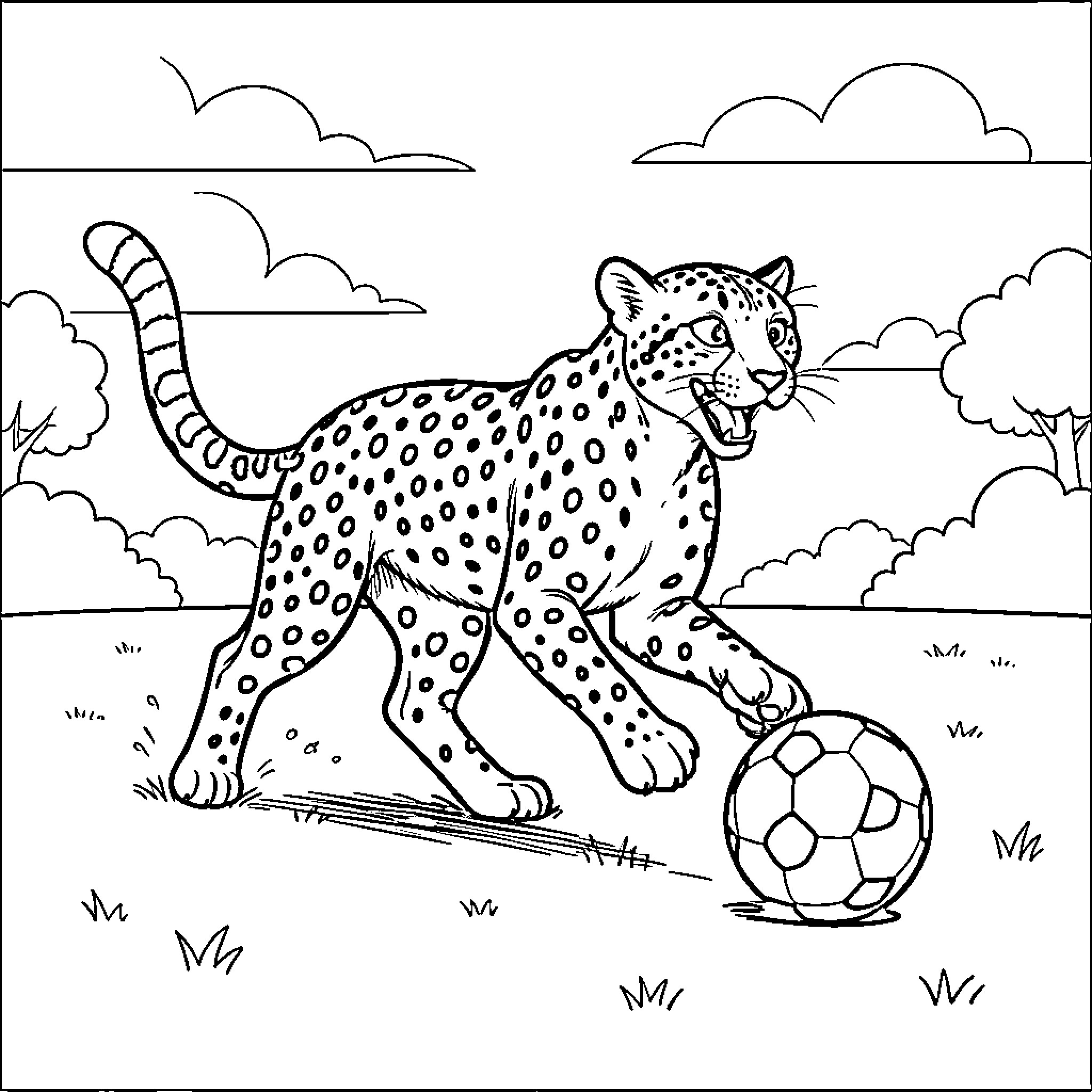 Cheetah playing with soccer ball in nature Coloring Page (free black-and-white line drawing printable PDF for all, from beginners to advanced learners, including children, teens, adults, and seniors)