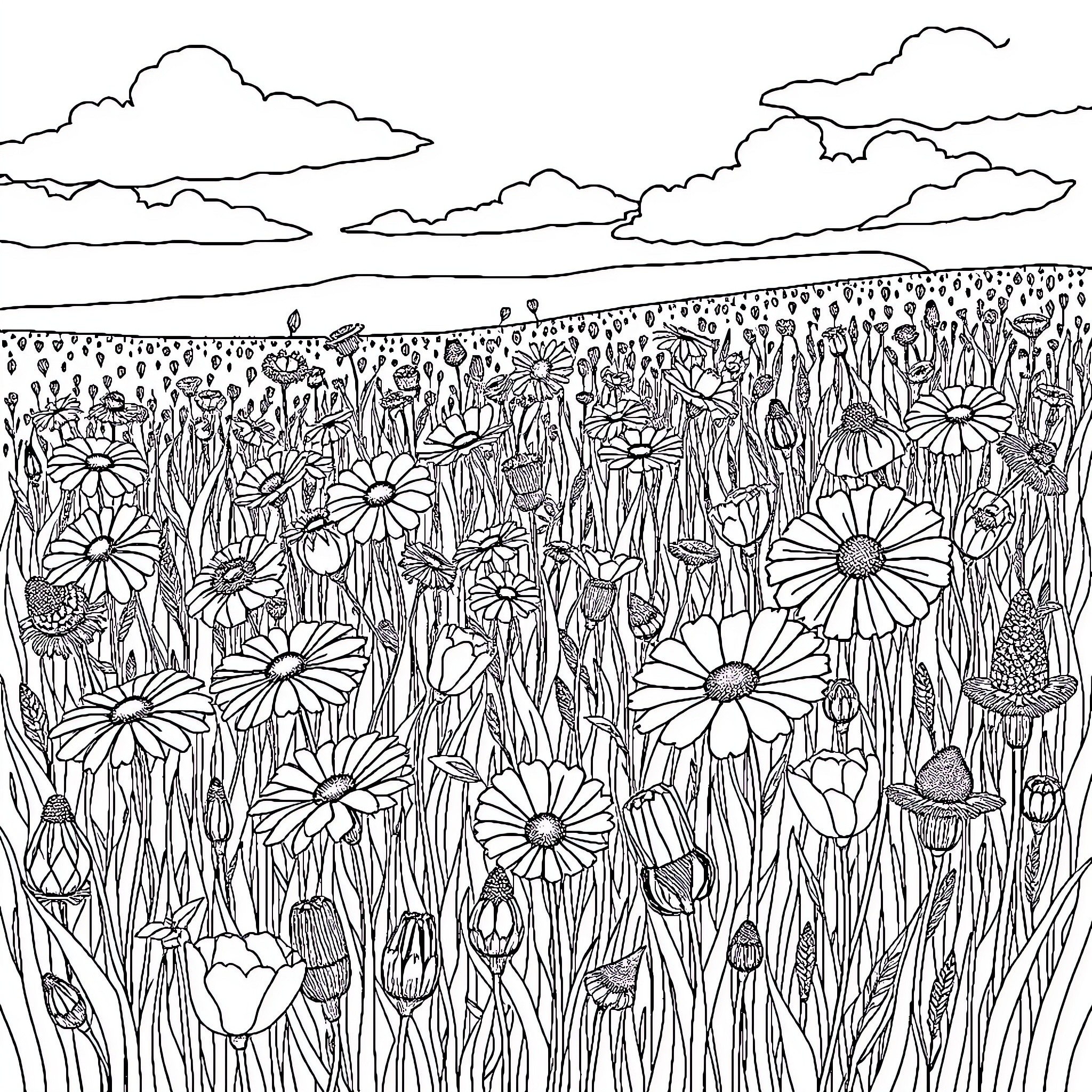 Wildflower Meadow with Whimsical Flora Coloring Page (free black-and-white line drawing printable PDF for all, from beginners to advanced learners, including children, teens, adults, and seniors)