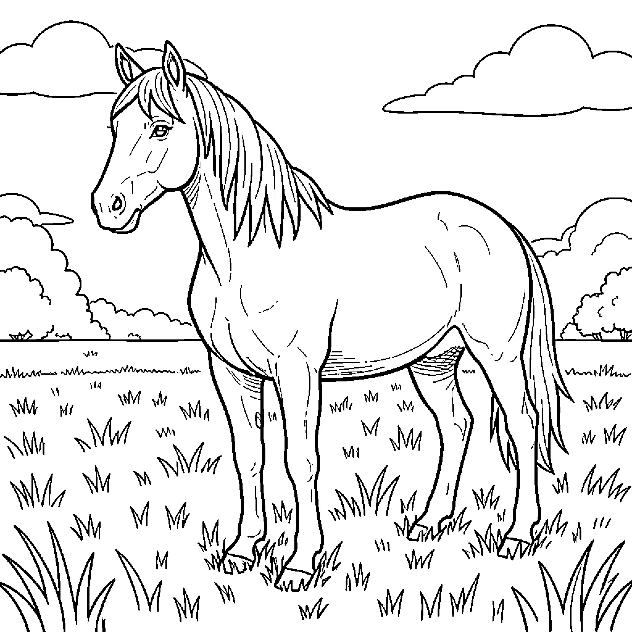 Horse standing calmly in a grassy field Coloring Page (free black-and-white line drawing printable PDF for all, from beginners to advanced learners, including children, teens, adults, and seniors)